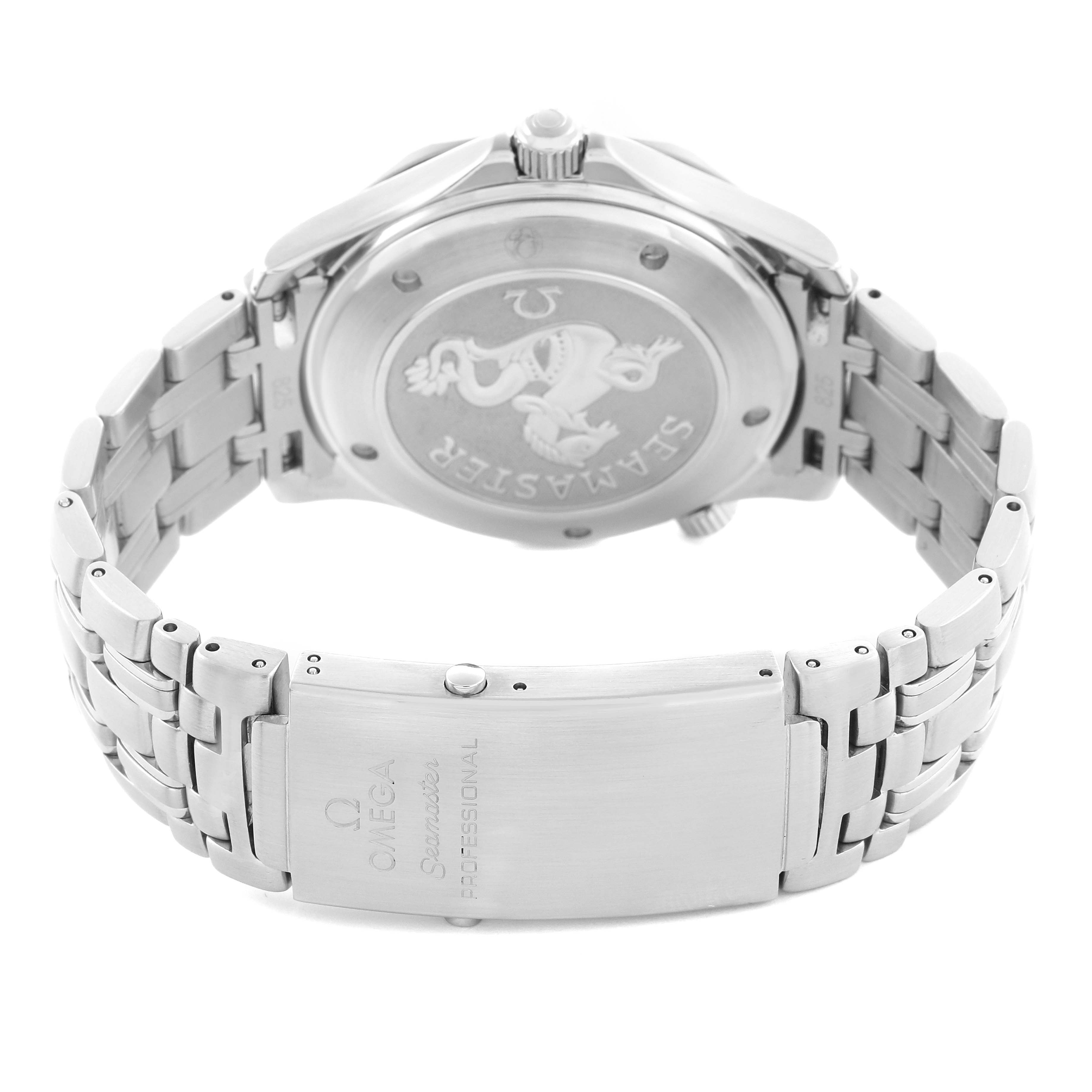 The Omega Seamaster 212.30.41.20.01.002 Men's Stainless Steel Black Dial 212.30.41.20.01.002 Men's Stainless Steel Black Dial watch is shown from the back, highlighting the case back, bracelet, and clasp with logos and engravings.