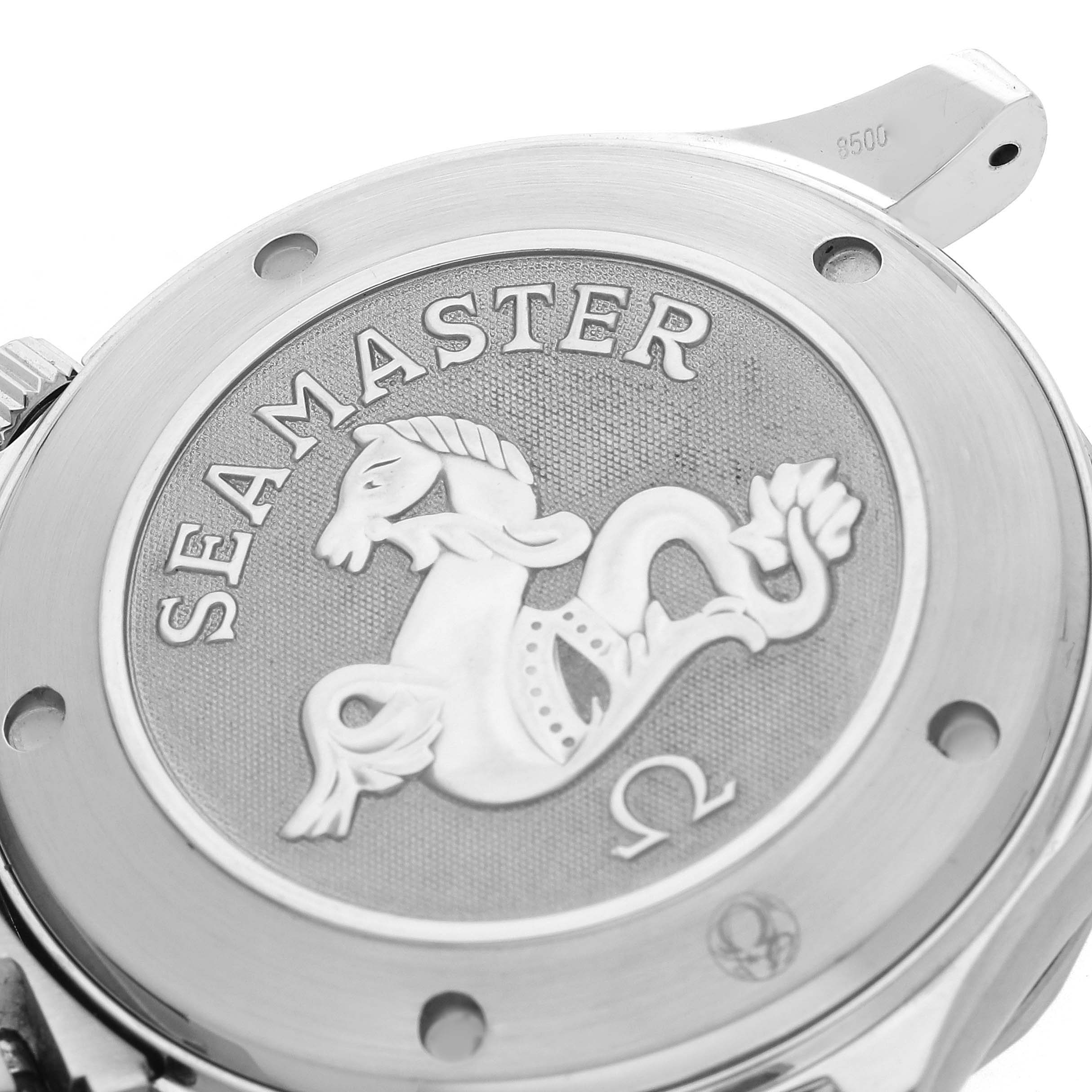 The image shows the engraved case back of the Omega Seamaster 212.30.41.20.01.002 Men's Stainless Steel Black Dial 212.30.41.20.01.002 Men's Stainless Steel Black Dial watch at a close-up angle.