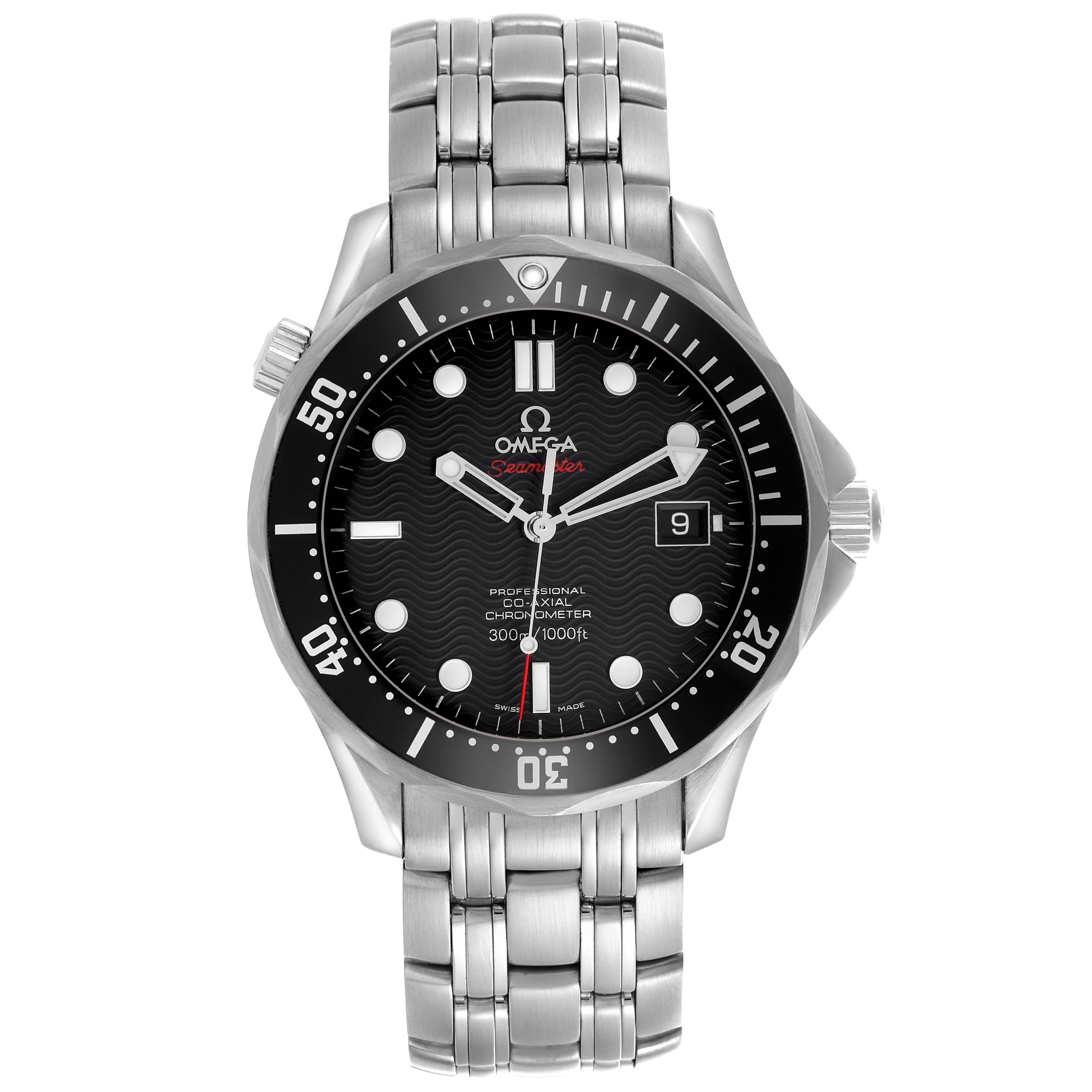 The Omega Seamaster 212.30.41.20.01.002 Men's Stainless Steel Black Dial 212.30.41.20.01.002 Men's Stainless Steel Black Dial watch is shown from the front, displaying the face, bezel, strap, and crown.