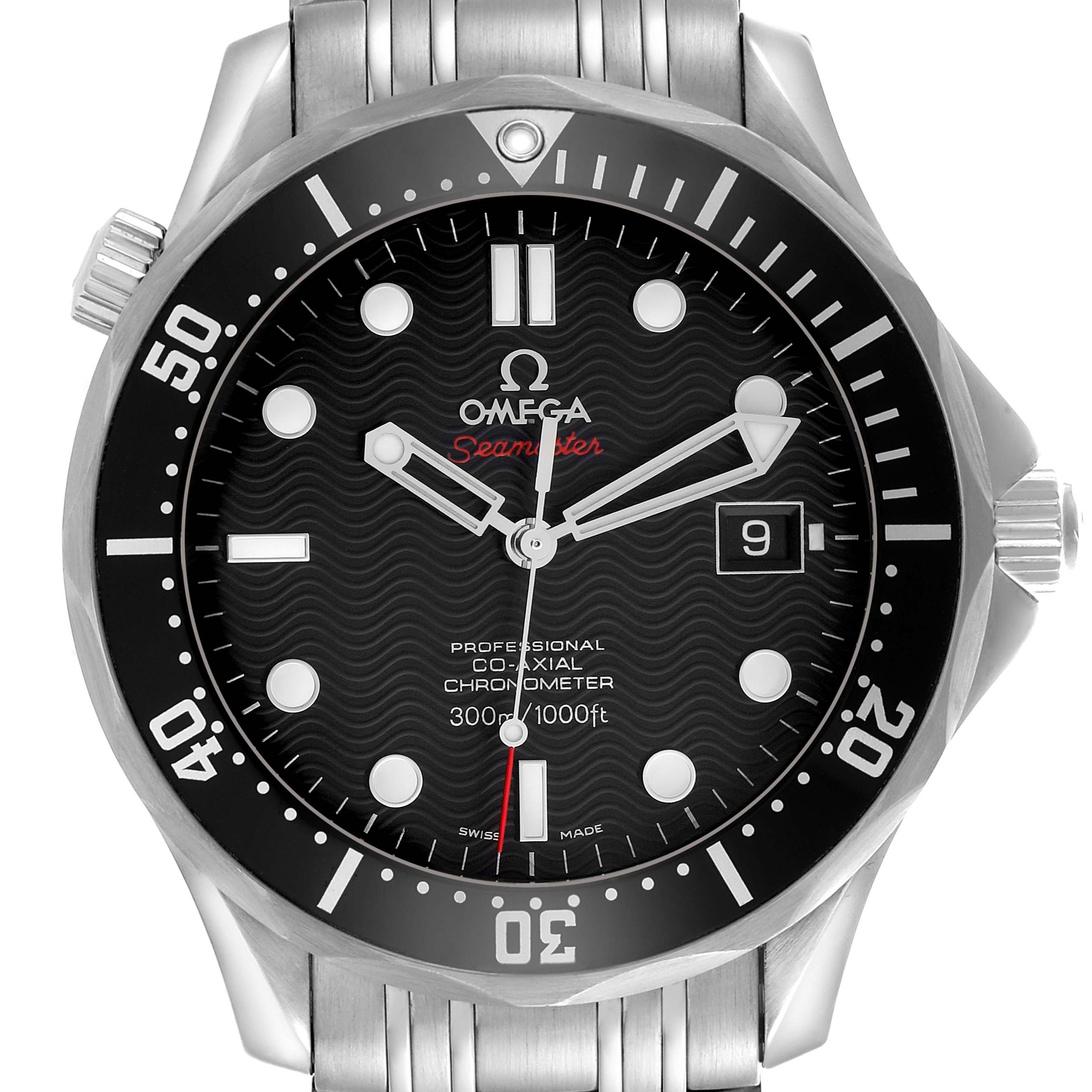 The Omega Seamaster 212.30.41.20.01.002 Men's Stainless Steel Black Dial 212.30.41.20.01.002 Men's Stainless Steel Black Dial watch is shown from a front angle, displaying the dial, bezel, and bracelet.