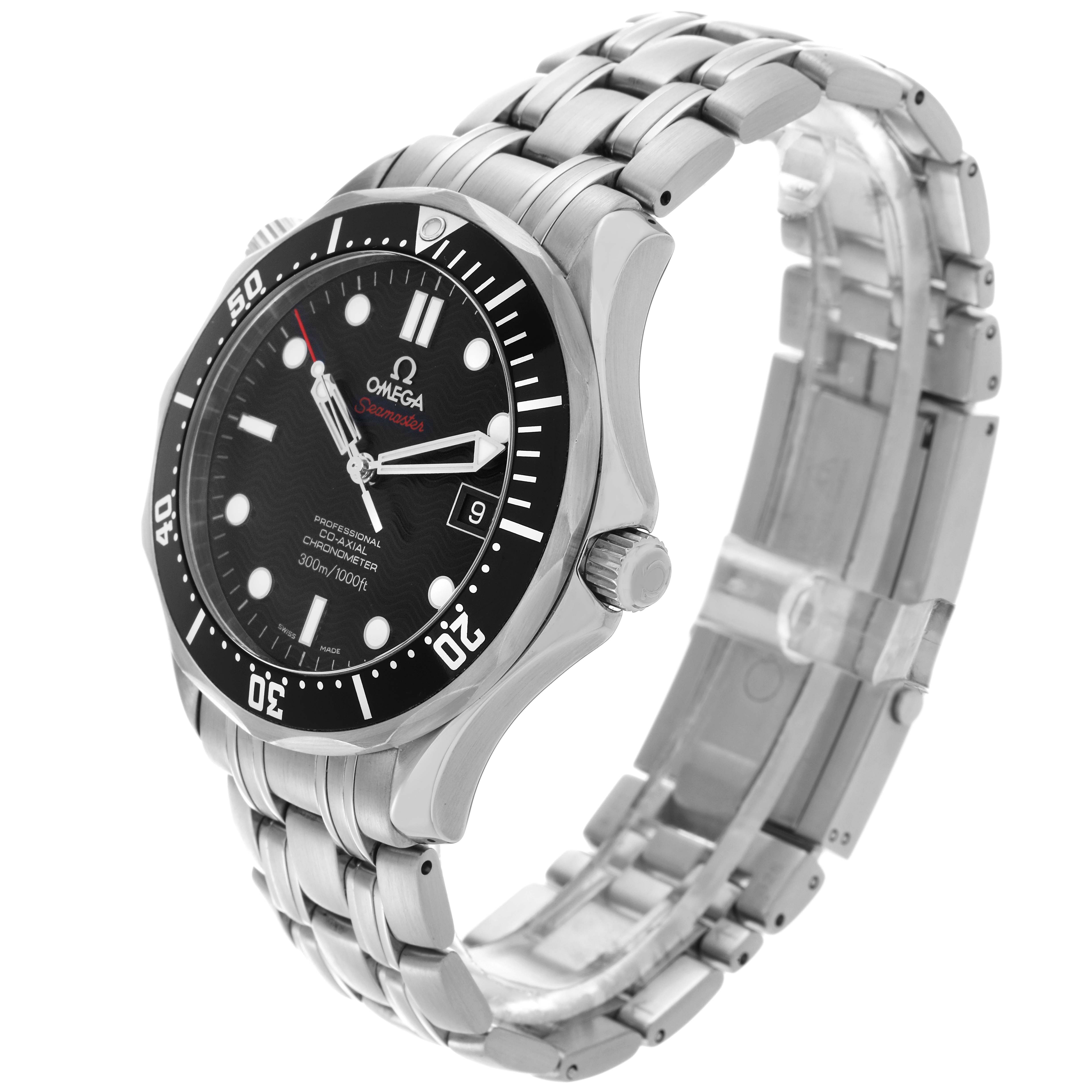 The Omega Seamaster 212.30.41.20.01.002 Men's Stainless Steel Black Dial 212.30.41.20.01.002 Men's Stainless Steel Black Dial watch is shown at a three-quarter angle, displaying the face, bezel, crown, and stainless steel bracelet.
