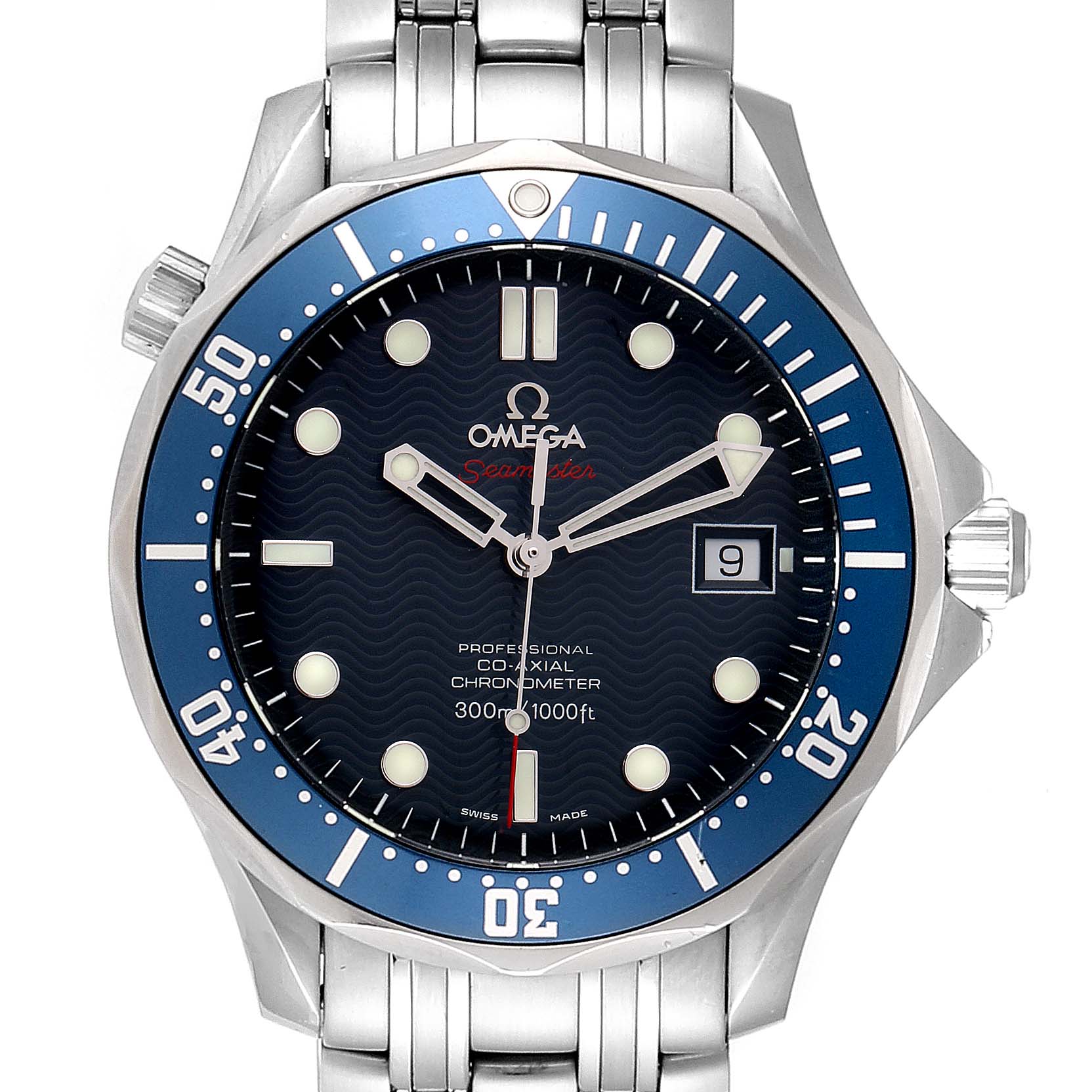 The image shows a front angle view of an Omega Seamaster 2220.80.00 Men
s Stainless Steel Blue Dial 2220.80.00 Men
s Stainless Steel Blue Dial watch, showcasing its dial, bezel, crown, and part of the bracelet.
