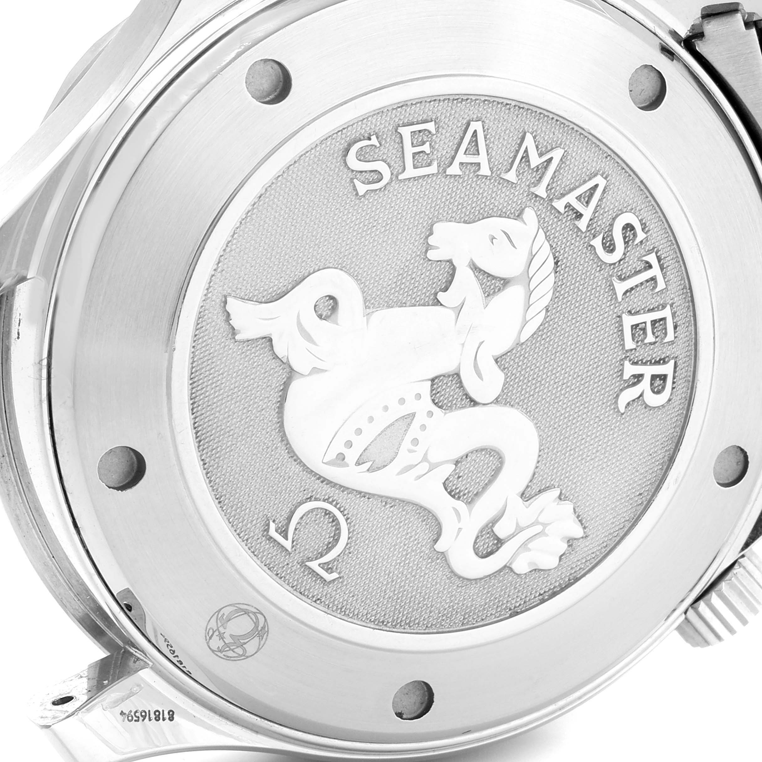 This image shows the backside of an Omega Seamaster 2220.80.00 Men
s Stainless Steel Blue Dial 2220.80.00 Men
s Stainless Steel Blue Dial watch, featuring its engraved case back design.