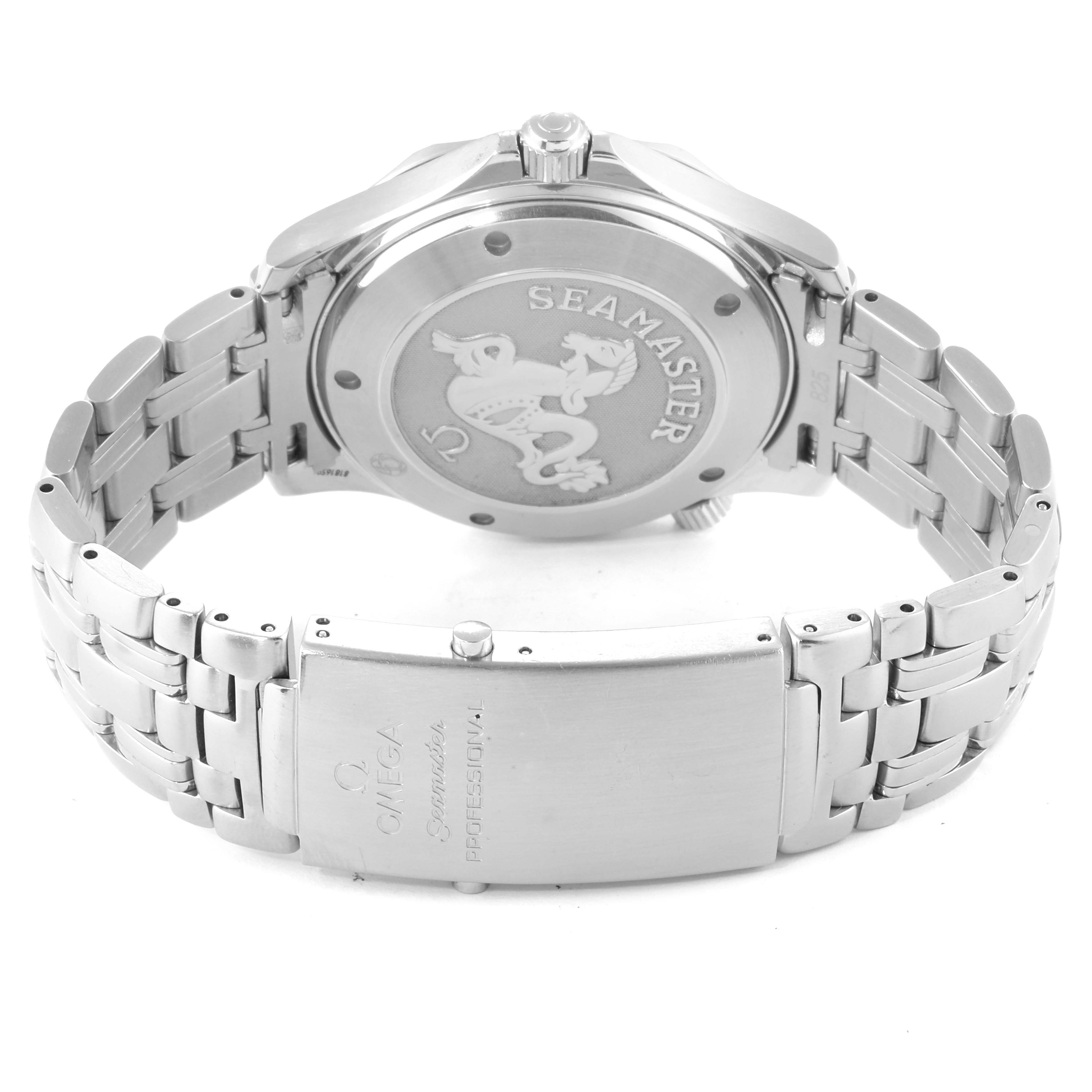 The image shows the back case and bracelet clasp of an Omega Seamaster 2220.80.00 Men
s Stainless Steel Blue Dial 2220.80.00 Men
s Stainless Steel Blue Dial watch.