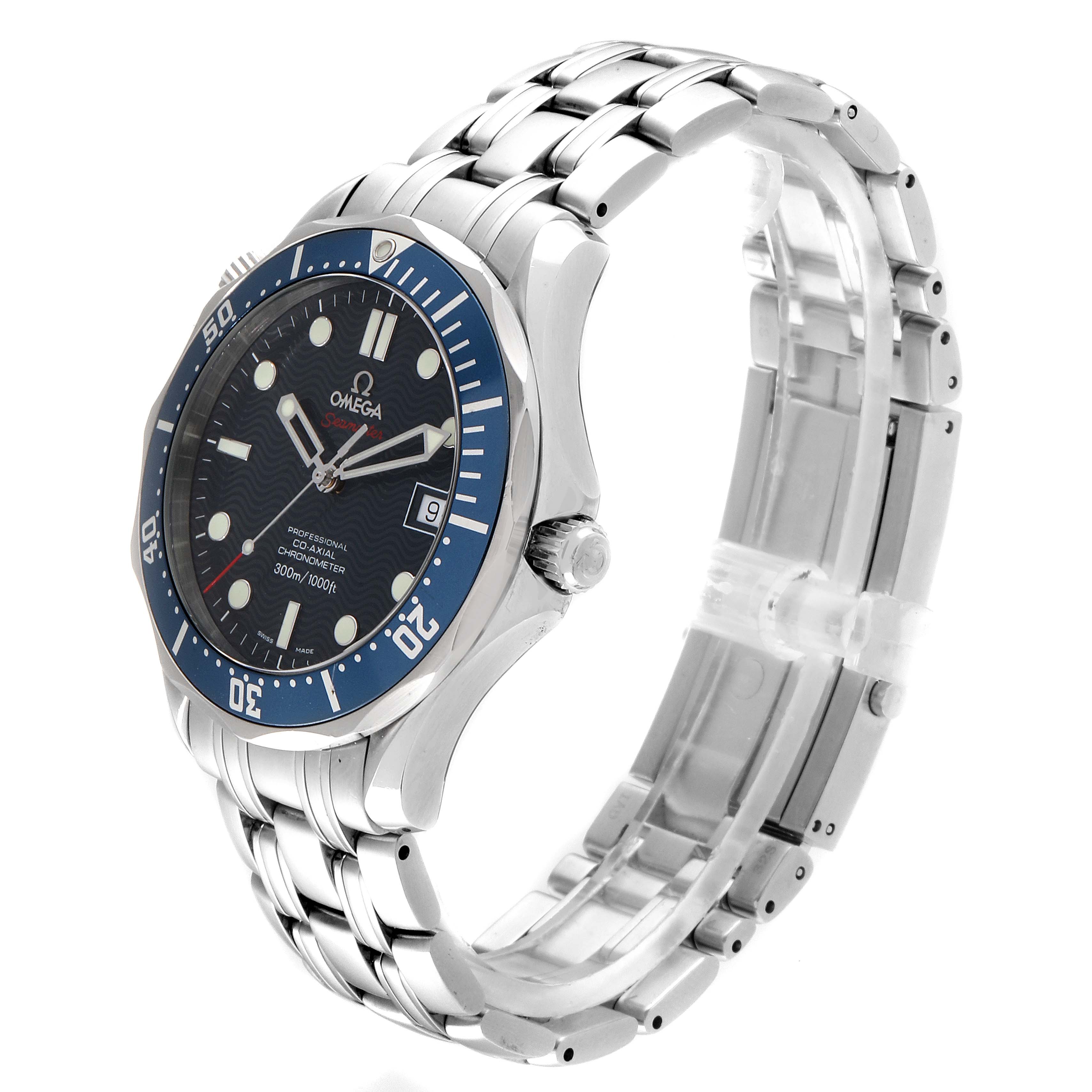 The Omega Seamaster 2220.80.00 Men
s Stainless Steel Blue Dial 2220.80.00 Men
s Stainless Steel Blue Dial watch is shown from a side angle, highlighting the dial, bezel, crown, and stainless steel bracelet.