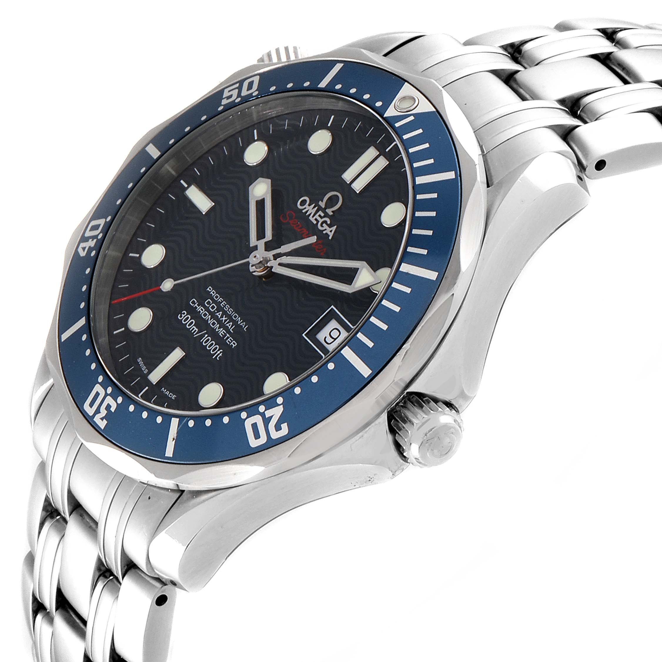 The image shows a side angle of an Omega Seamaster 2220.80.00 Men
s Stainless Steel Blue Dial 2220.80.00 Men
s Stainless Steel Blue Dial watch, highlighting the bezel, face, crown, and stainless steel bracelet.