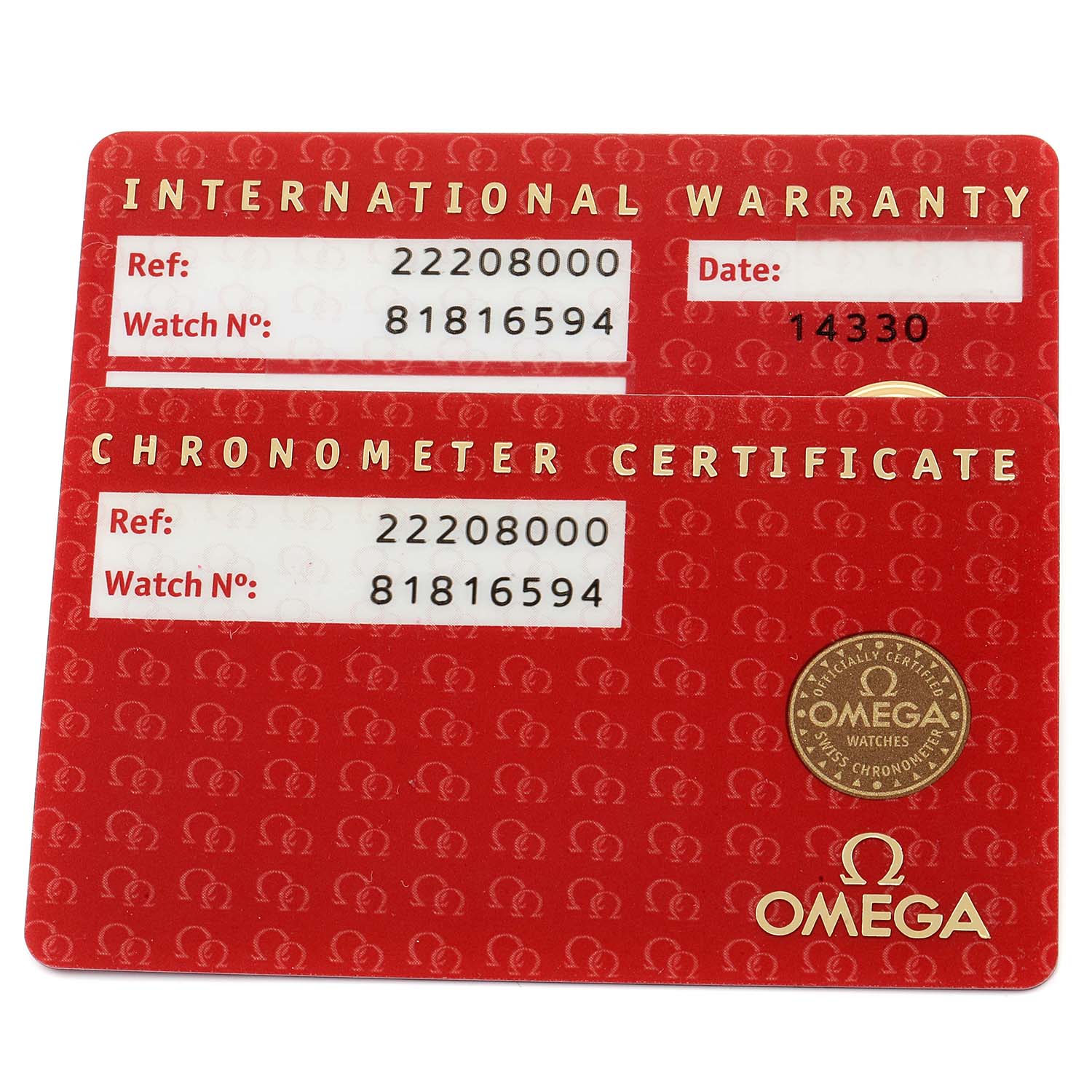 The image shows the International Warranty and Chronometer Certificate cards for the Omega Seamaster 2220.80.00 Men
s Stainless Steel Blue Dial 2220.80.00 Men
s Stainless Steel Blue Dial watch model.