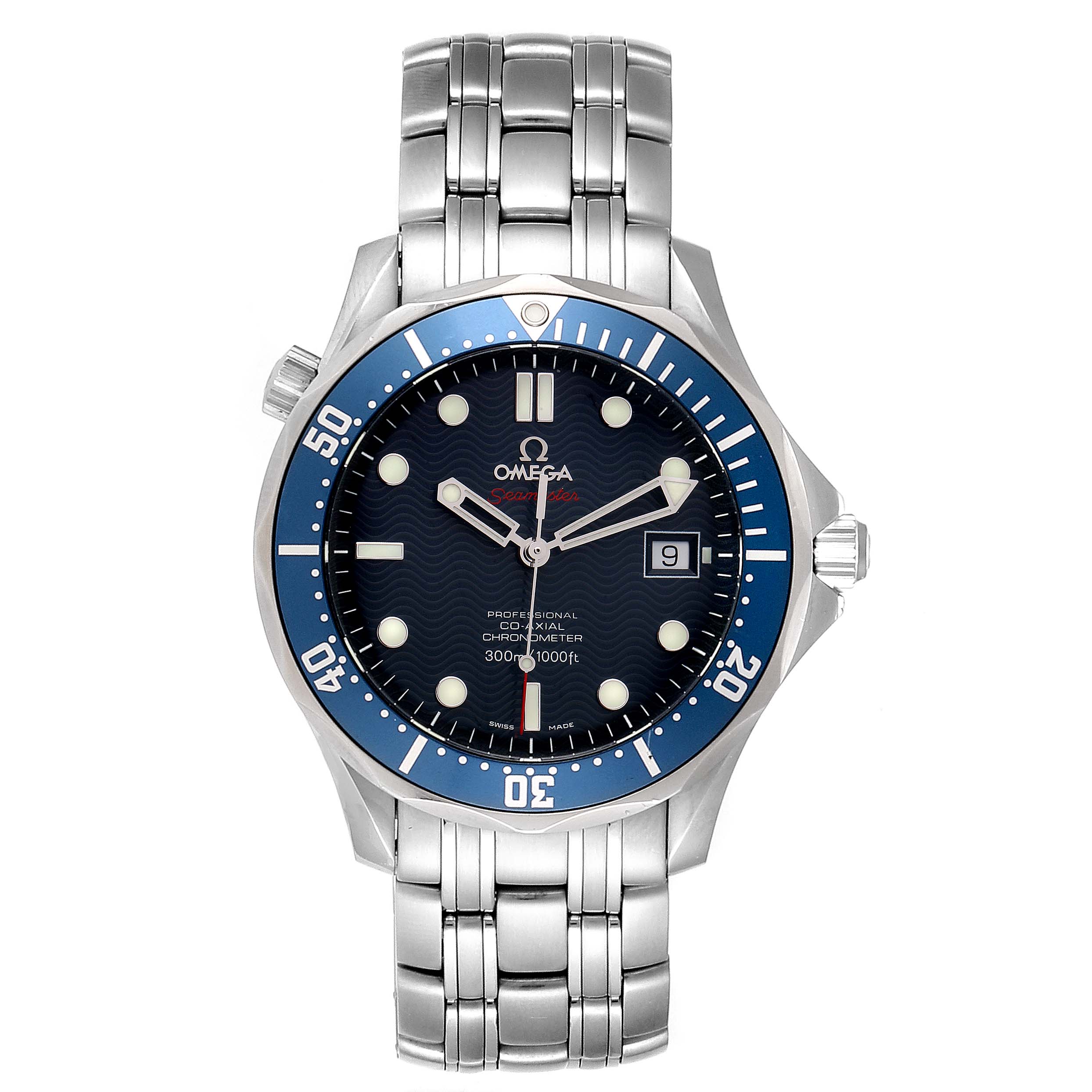 The image shows a front view of an Omega Seamaster 2220.80.00 Men
s Stainless Steel Blue Dial 2220.80.00 Men
s Stainless Steel Blue Dial watch, displaying its face, bezel, and metal bracelet.
