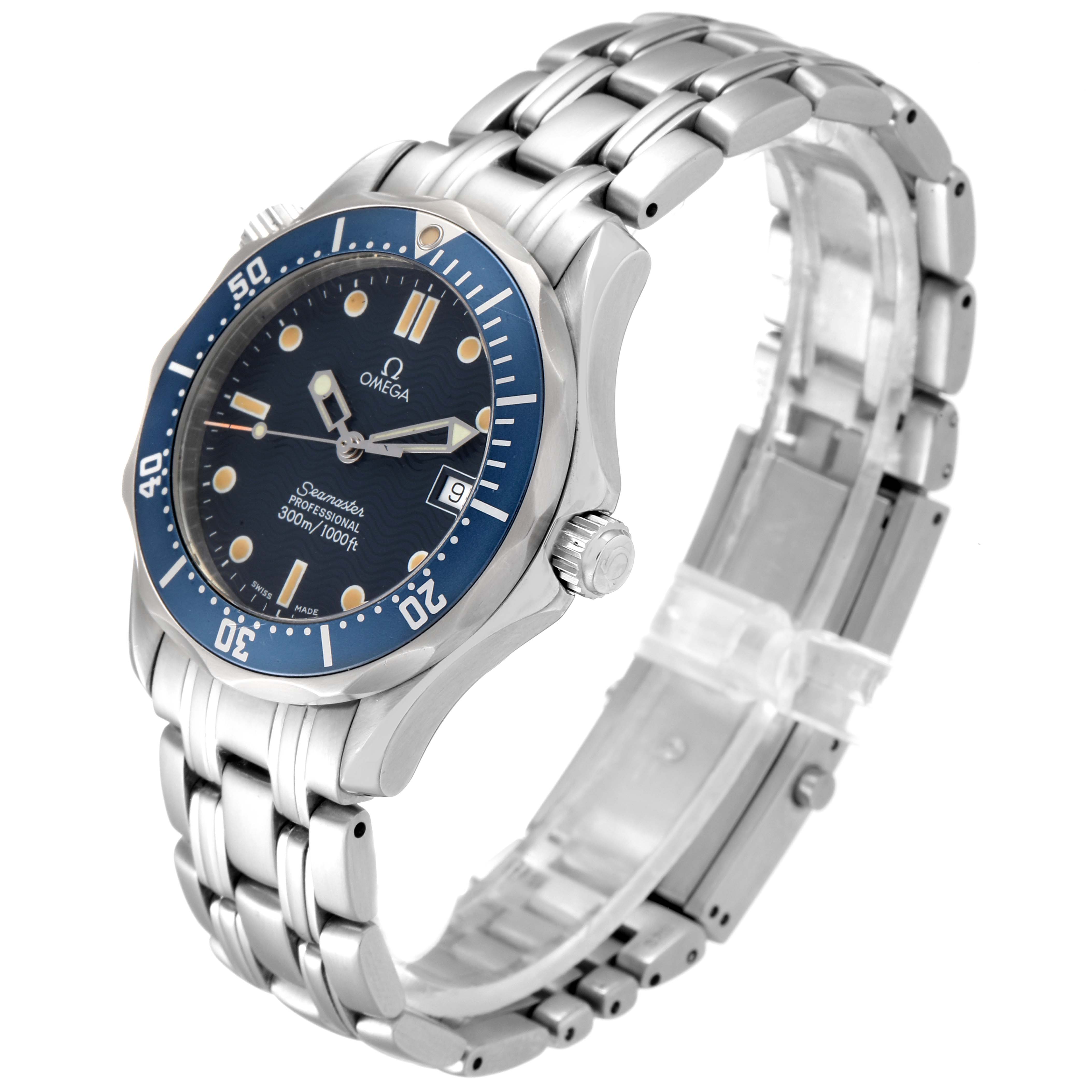 This image shows the Omega Seamaster 2561.80.00 Men
s Stainless Steel Blue Dial 2561.80.00 Men
s Stainless Steel Blue Dial watch from a three-quarter angle, displaying the bezel, dial, crown, and metal bracelet.