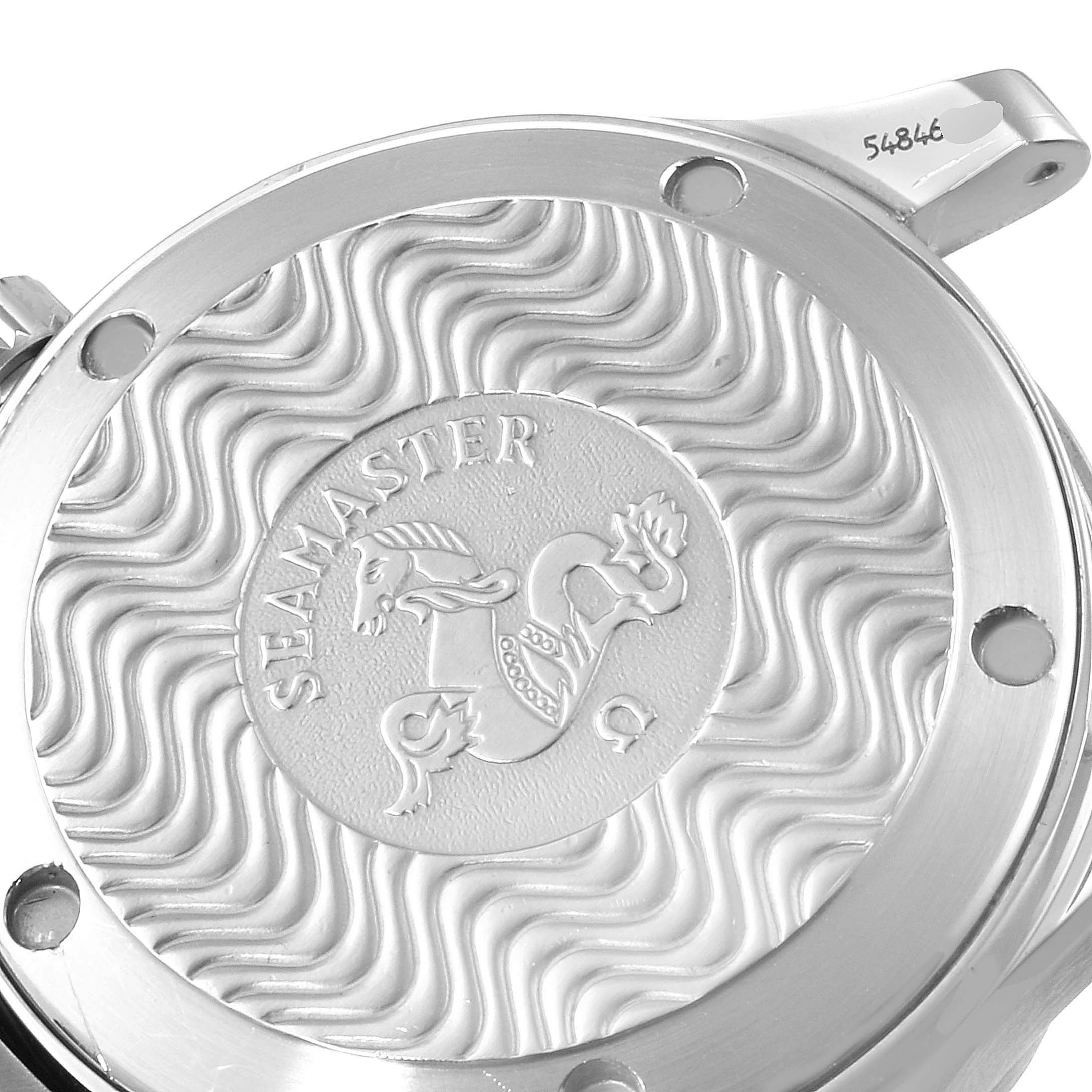 This image shows the back case of an Omega Seamaster 2561.80.00 Men
s Stainless Steel Blue Dial 2561.80.00 Men
s Stainless Steel Blue Dial watch with its engraved logo and design.