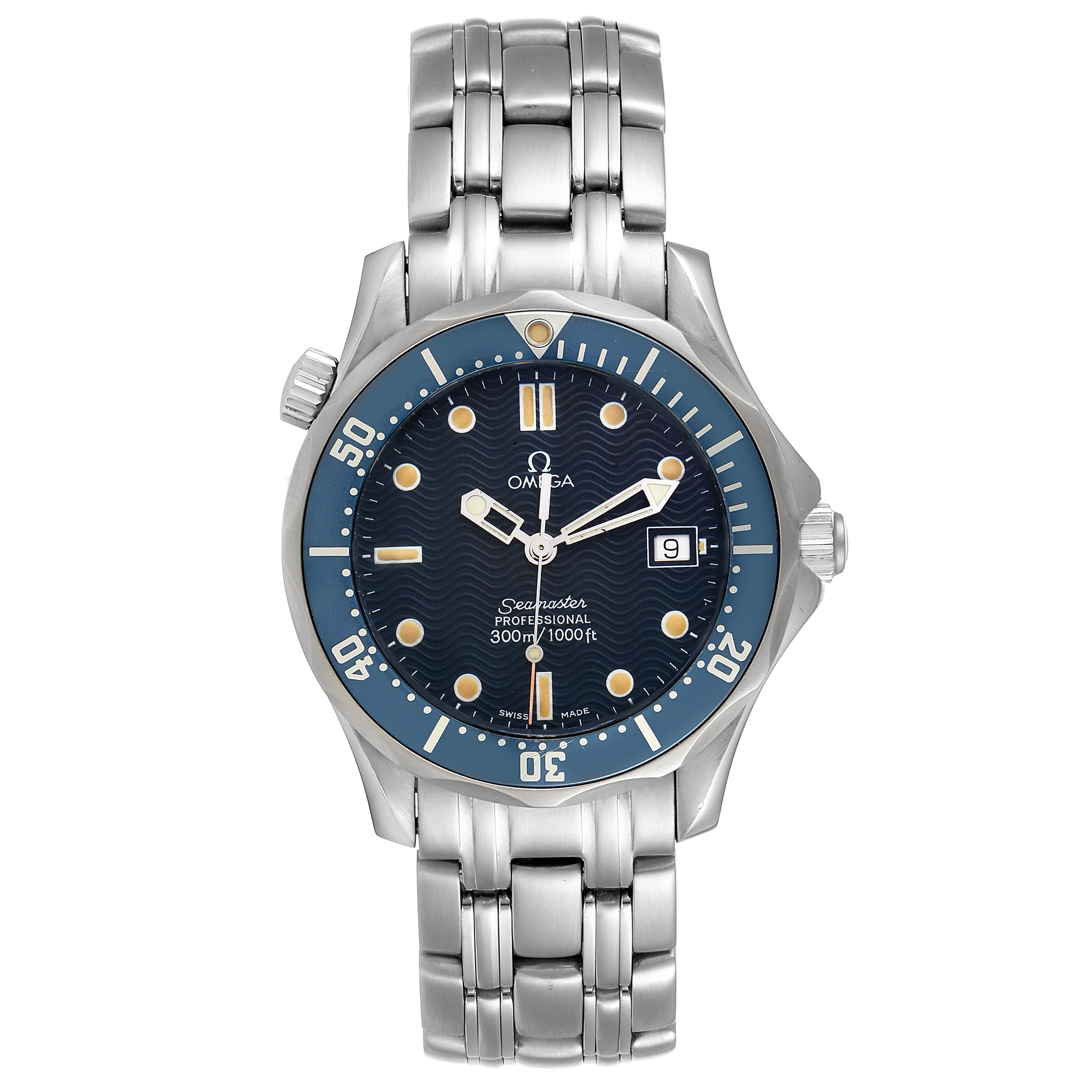 The image shows a front view of the Omega Seamaster 2561.80.00 Men
s Stainless Steel Blue Dial 2561.80.00 Men
s Stainless Steel Blue Dial watch, highlighting its blue dial, bezel, and metal bracelet.