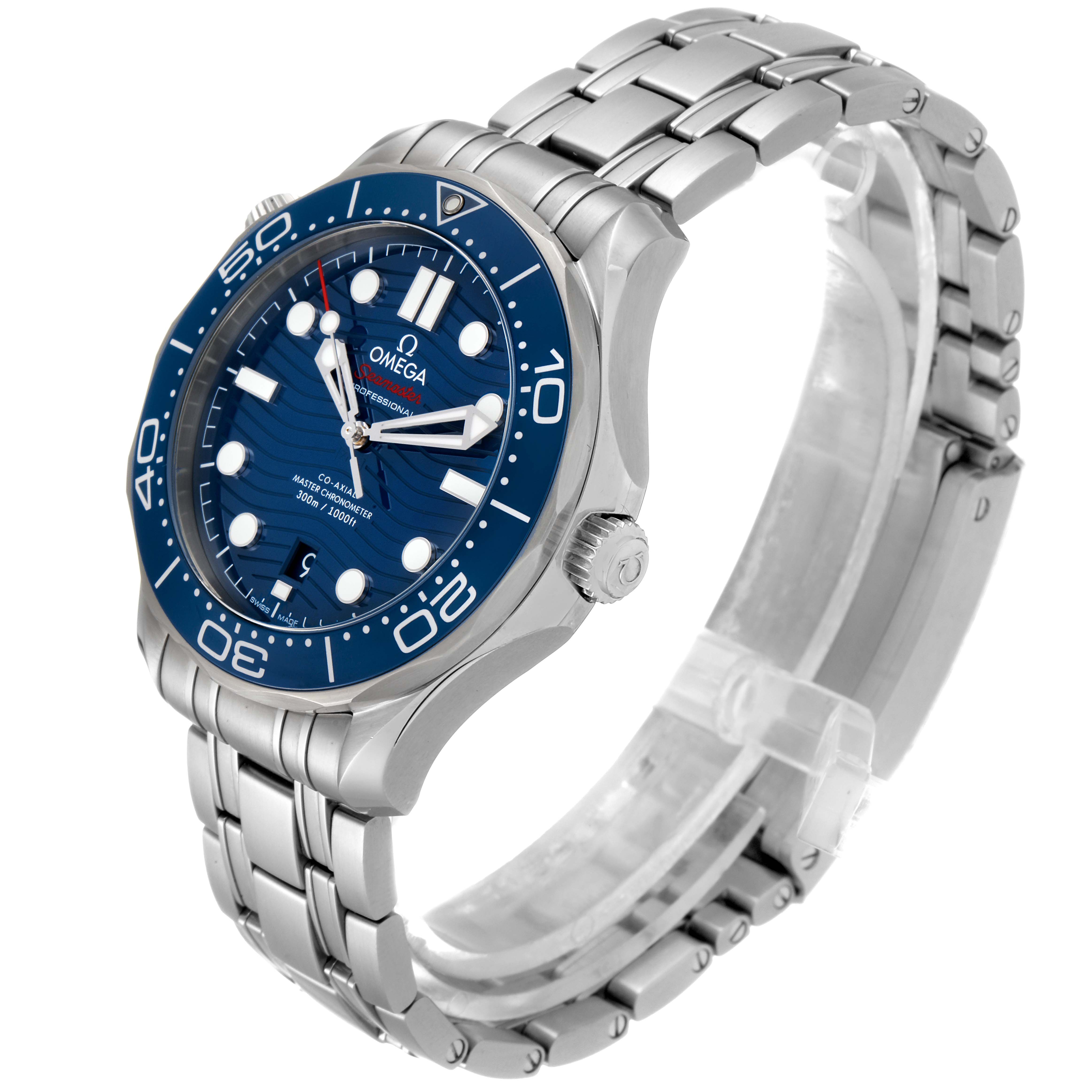 The image shows an Omega Seamaster 210.30.42.20.03.001 Men
s Stainless Steel Blue Dial 210.30.42.20.03.001 Men
s Stainless Steel Blue Dial watch at an angle highlighting the bezel, face, crown, and bracelet.