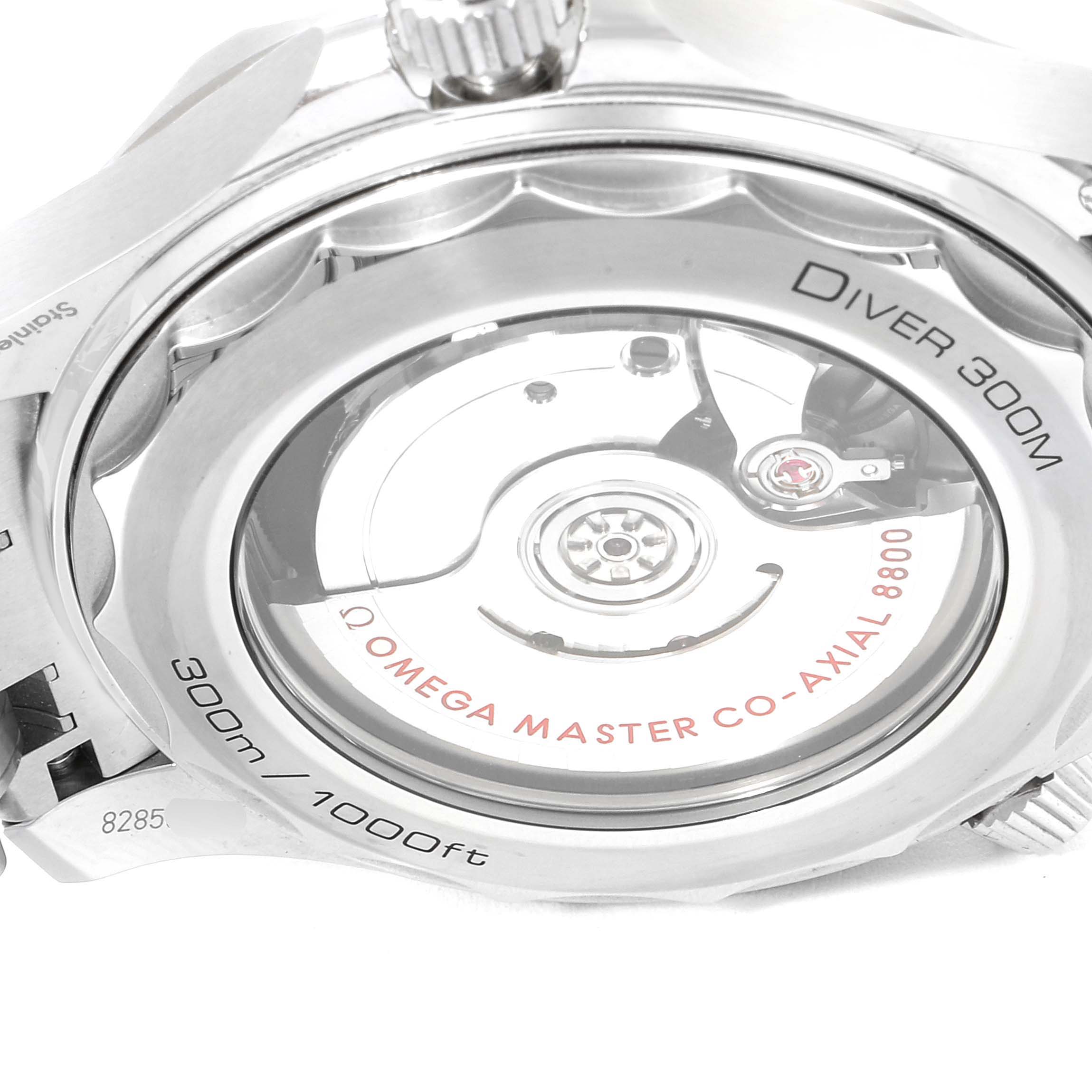 This image shows the back of the Omega Seamaster 210.30.42.20.03.001 Men
s Stainless Steel Blue Dial 210.30.42.20.03.001 Men
s Stainless Steel Blue Dial watch, highlighting its movement, branding, and water-resistance details.