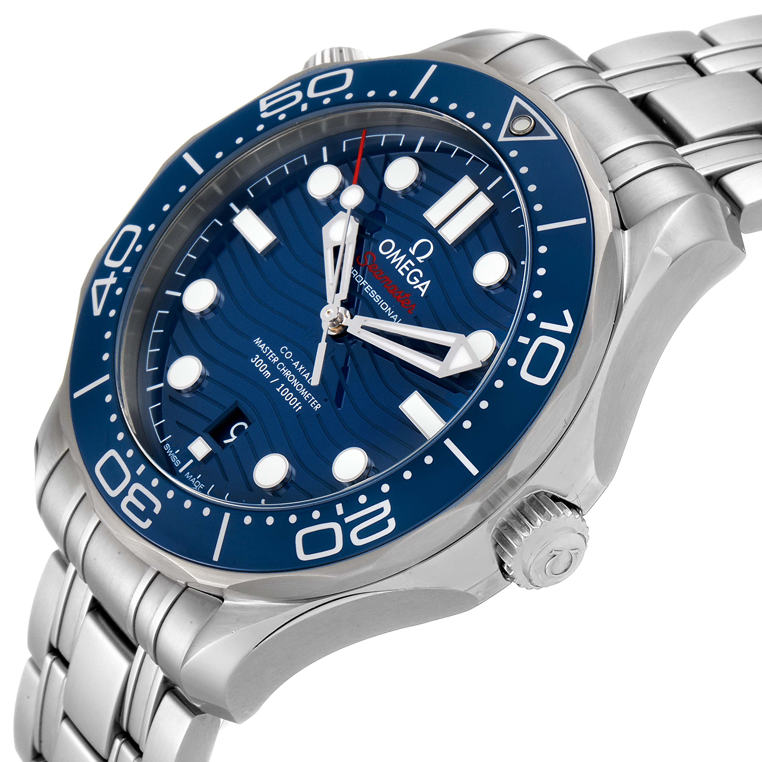 The image shows a close-up view of an Omega Seamaster 210.30.42.20.03.001 Men
s Stainless Steel Blue Dial 210.30.42.20.03.001 Men
s Stainless Steel Blue Dial watch focusing on the face, bezel, and part of the bracelet.