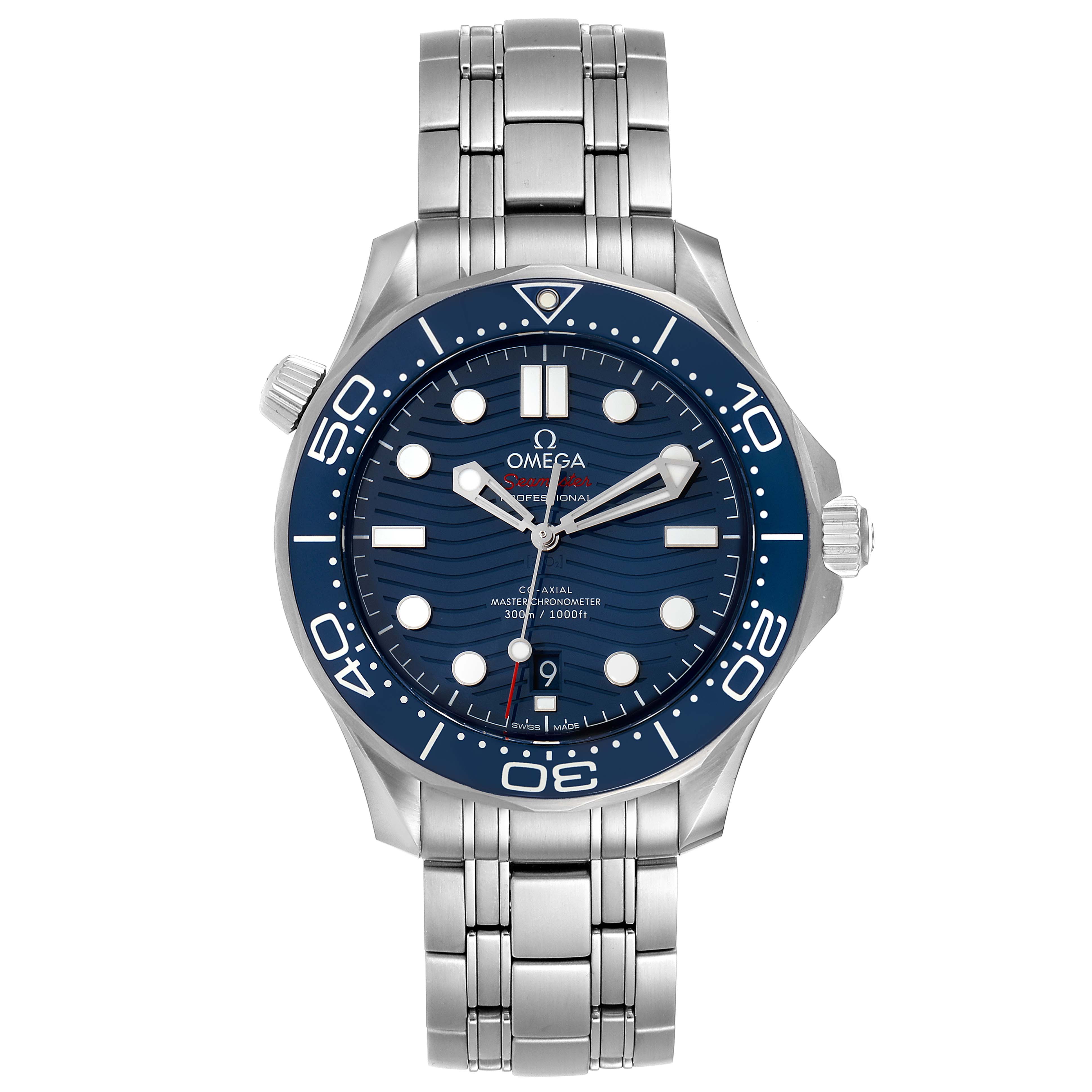 The image shows a front view of the Omega Seamaster 210.30.42.20.03.001 Men
s Stainless Steel Blue Dial 210.30.42.20.03.001 Men
s Stainless Steel Blue Dial watch, highlighting its bezel, dial, crown, and bracelet.