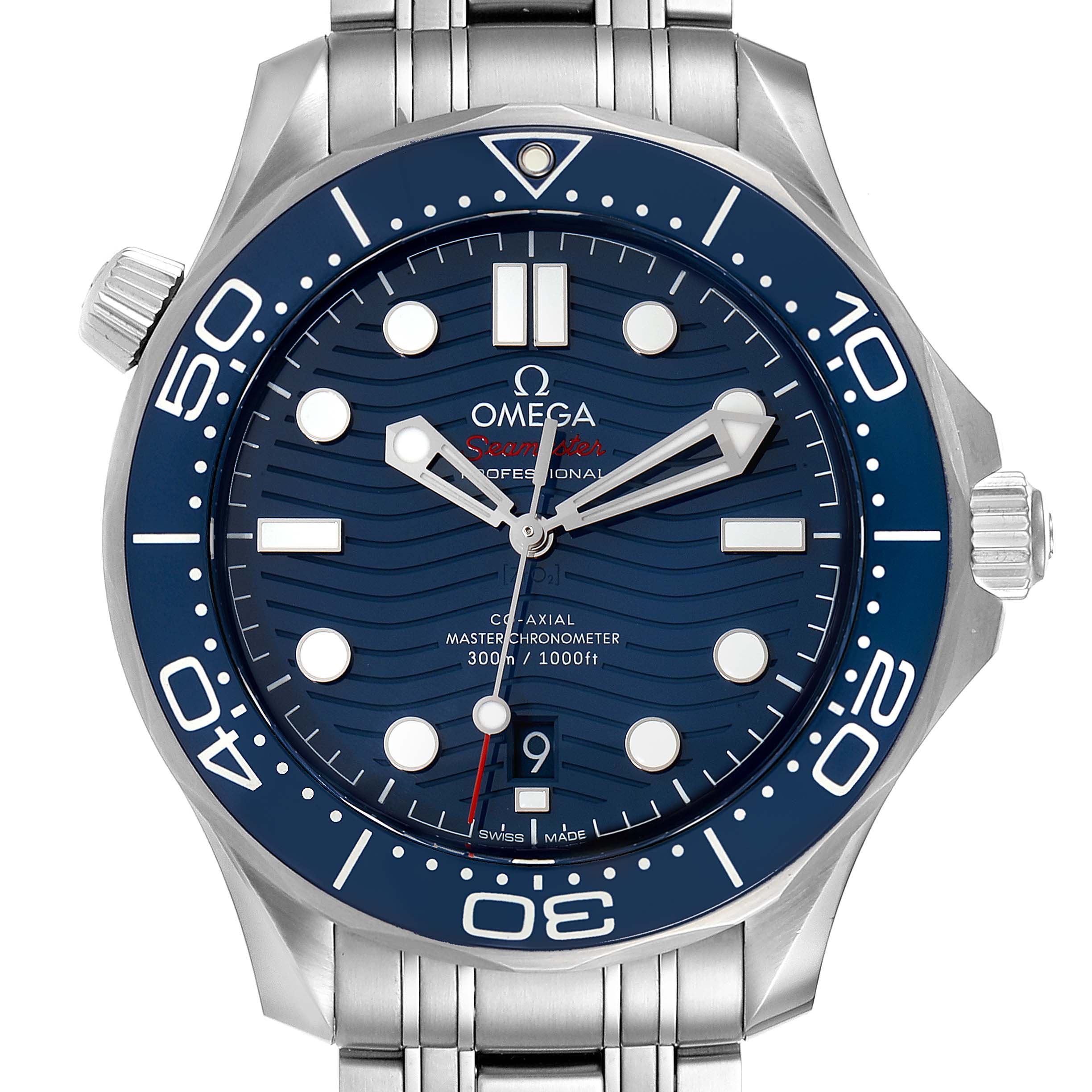 This image shows a frontal view of an Omega Seamaster 210.30.42.20.03.001 Men
s Stainless Steel Blue Dial 210.30.42.20.03.001 Men
s Stainless Steel Blue Dial watch, highlighting its dial, bezel, and part of the bracelet.