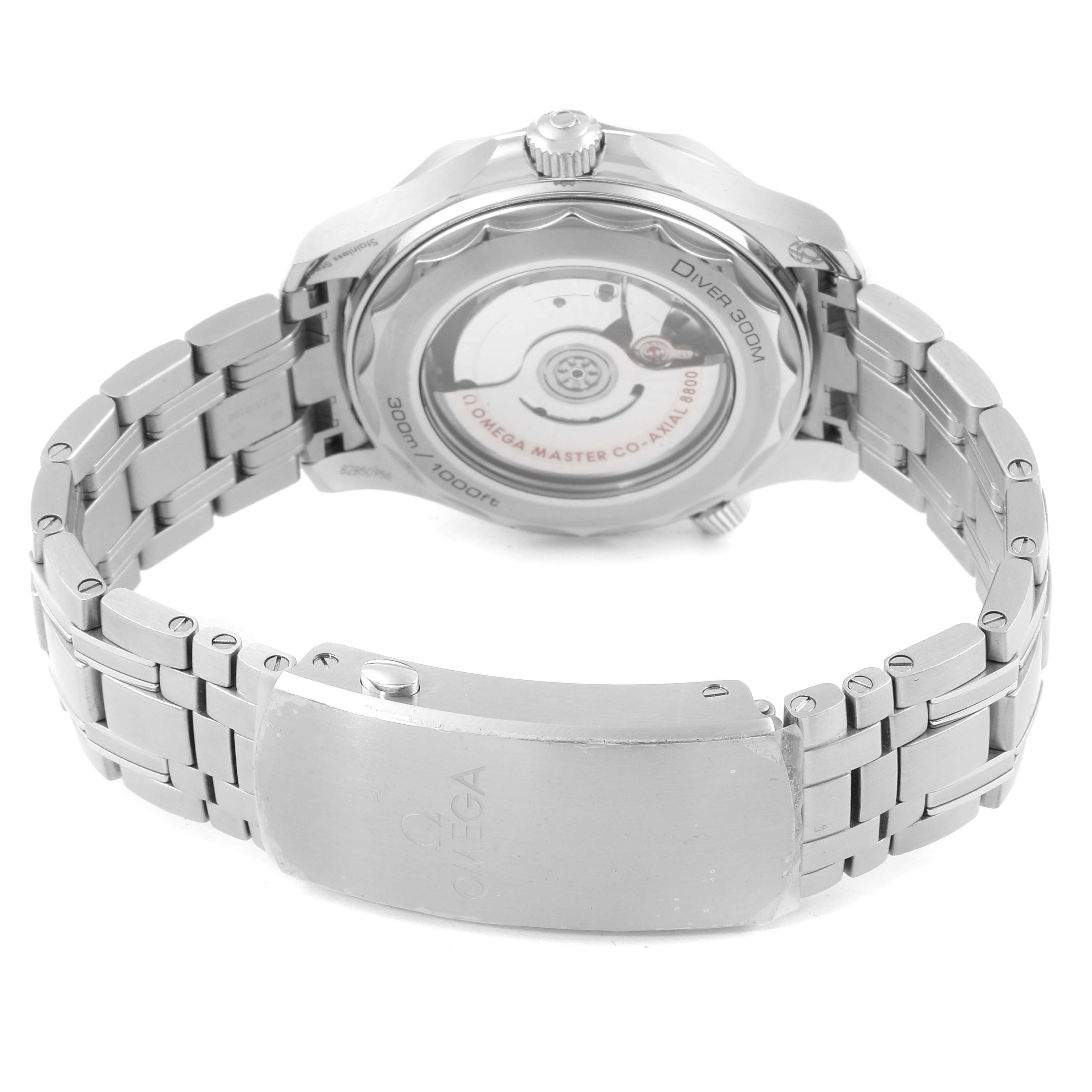 The image shows the back view of an Omega Seamaster 210.30.42.20.03.001 Men
s Stainless Steel Blue Dial 210.30.42.20.03.001 Men
s Stainless Steel Blue Dial watch, focusing on the automatic movement and stainless steel bracelet.