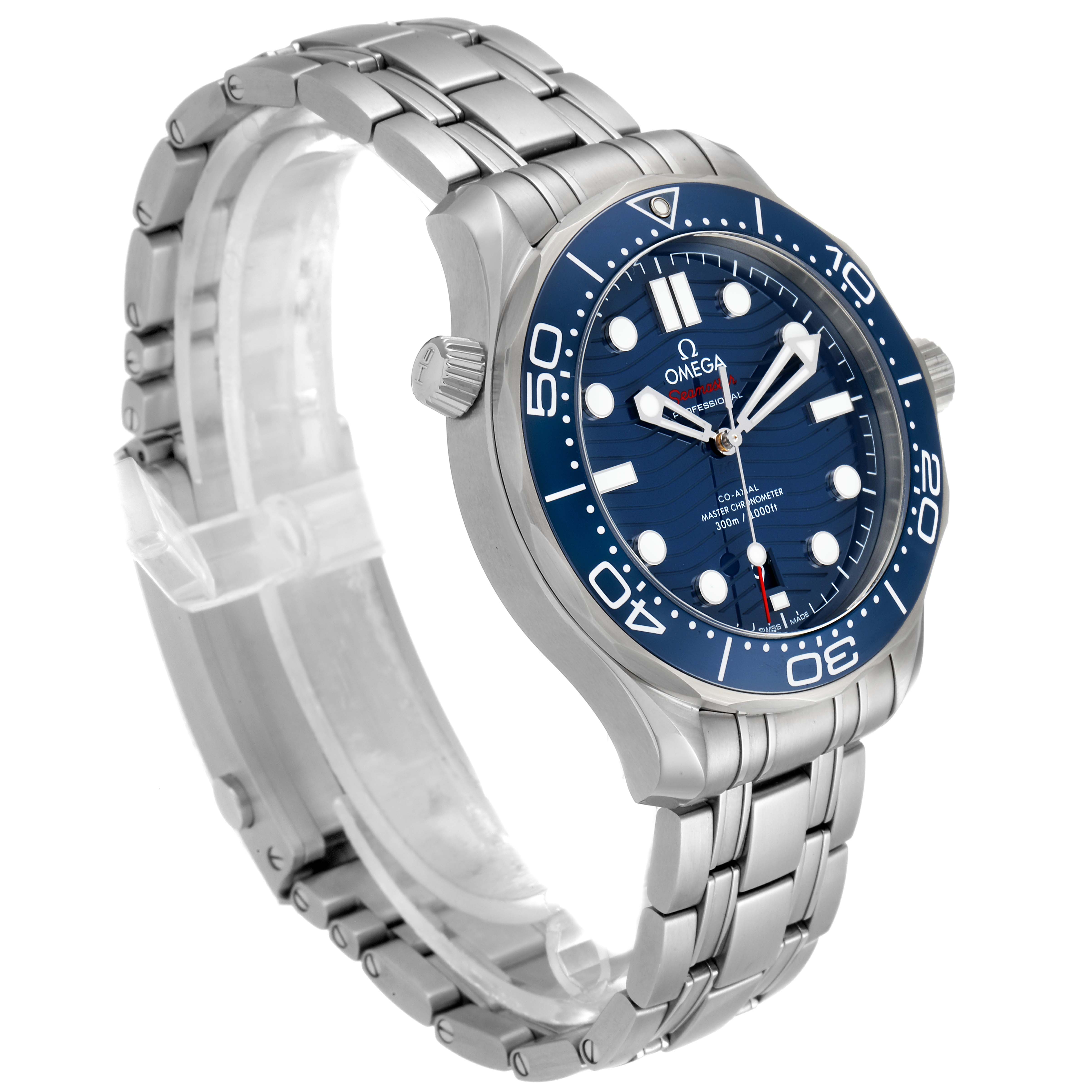 The image shows an Omega Seamaster 210.30.42.20.03.001 Men
s Stainless Steel Blue Dial 210.30.42.20.03.001 Men
s Stainless Steel Blue Dial watch angled to display its stainless steel bracelet, blue dial, and bezel.