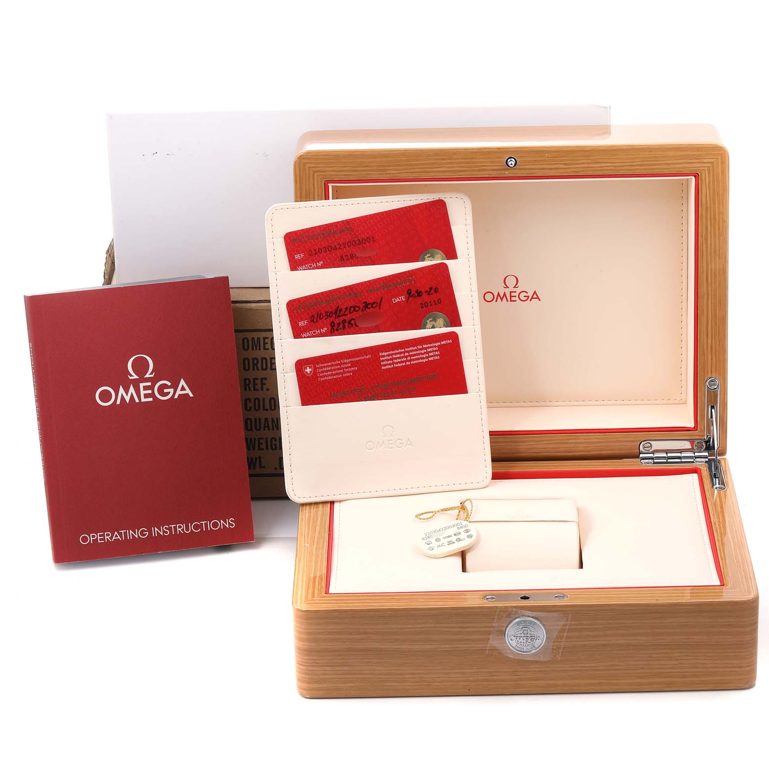 This image shows the Omega Seamaster 210.30.42.20.03.001 Men
s Stainless Steel Blue Dial 210.30.42.20.03.001 Men
s Stainless Steel Blue Dial
s box, warranty cards, operating instructions, and a carrying case from a front angle.