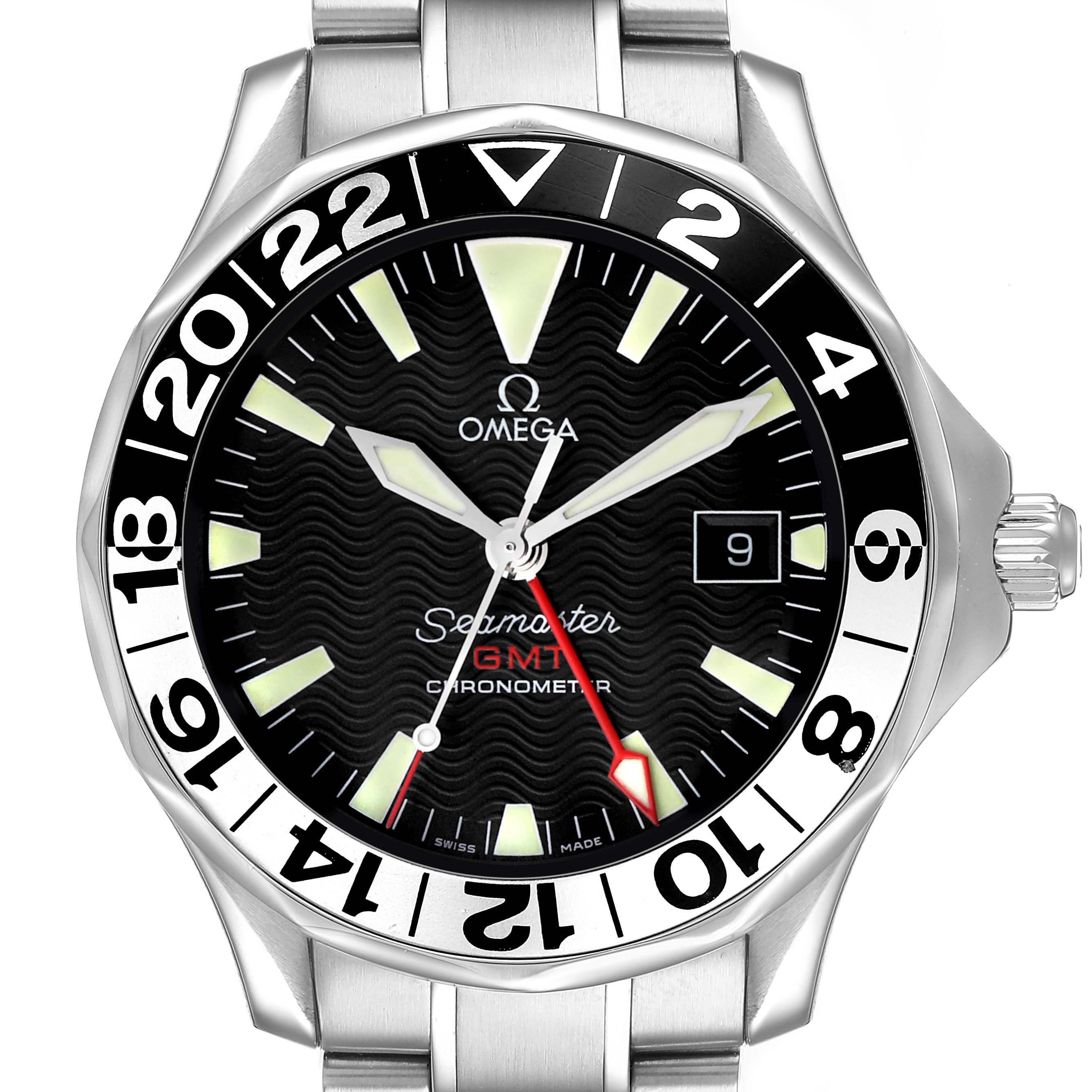 The Omega Seamaster 2534.50.00 Men's Stainless Steel Black Dial watch is shown from the front, highlighting the dial, bezel, hands, and part of the bracelet.