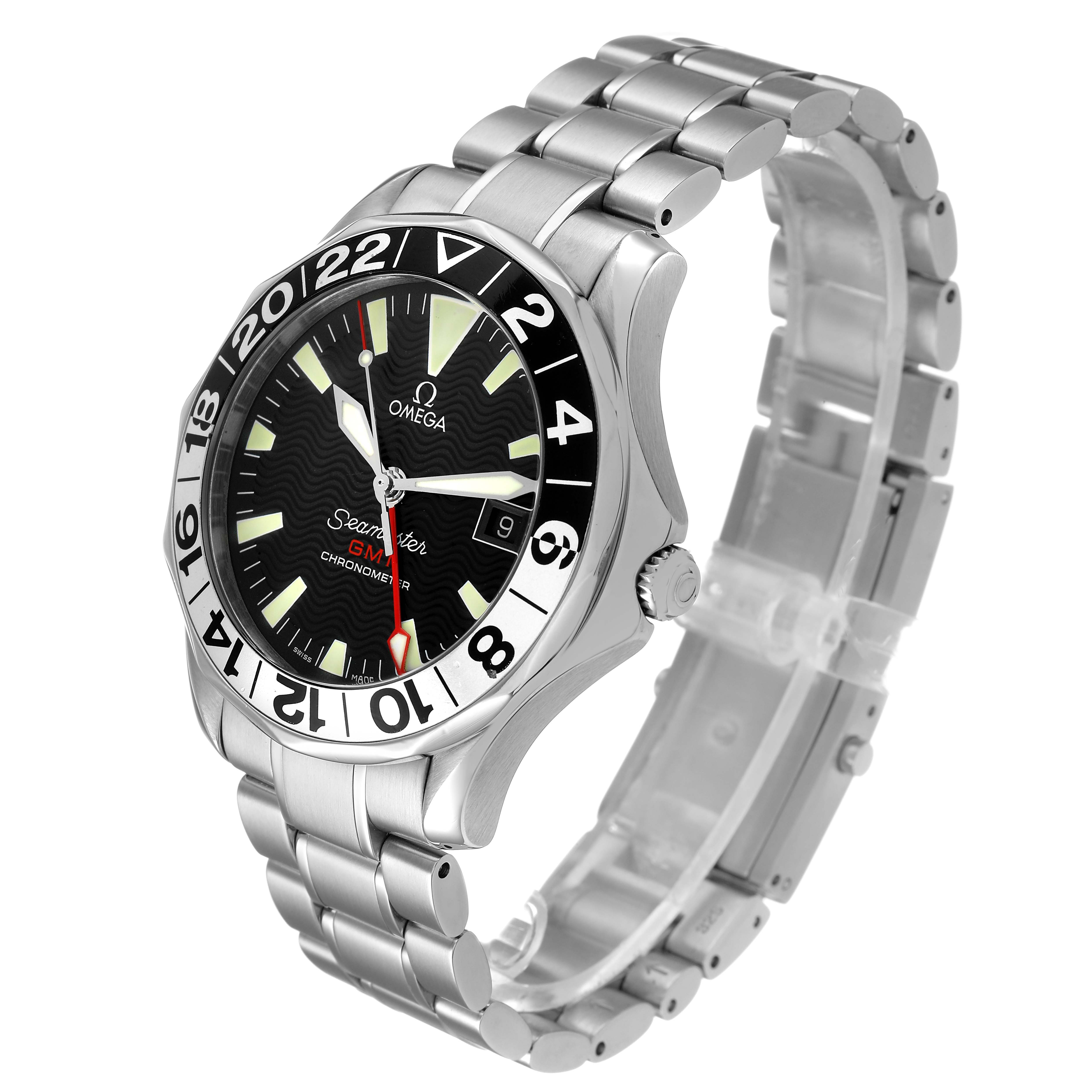 The Omega Seamaster 2534.50.00 Men's Stainless Steel Black Dial watch is shown at a three-quarter angle displaying the face, bezel, case, and bracelet.