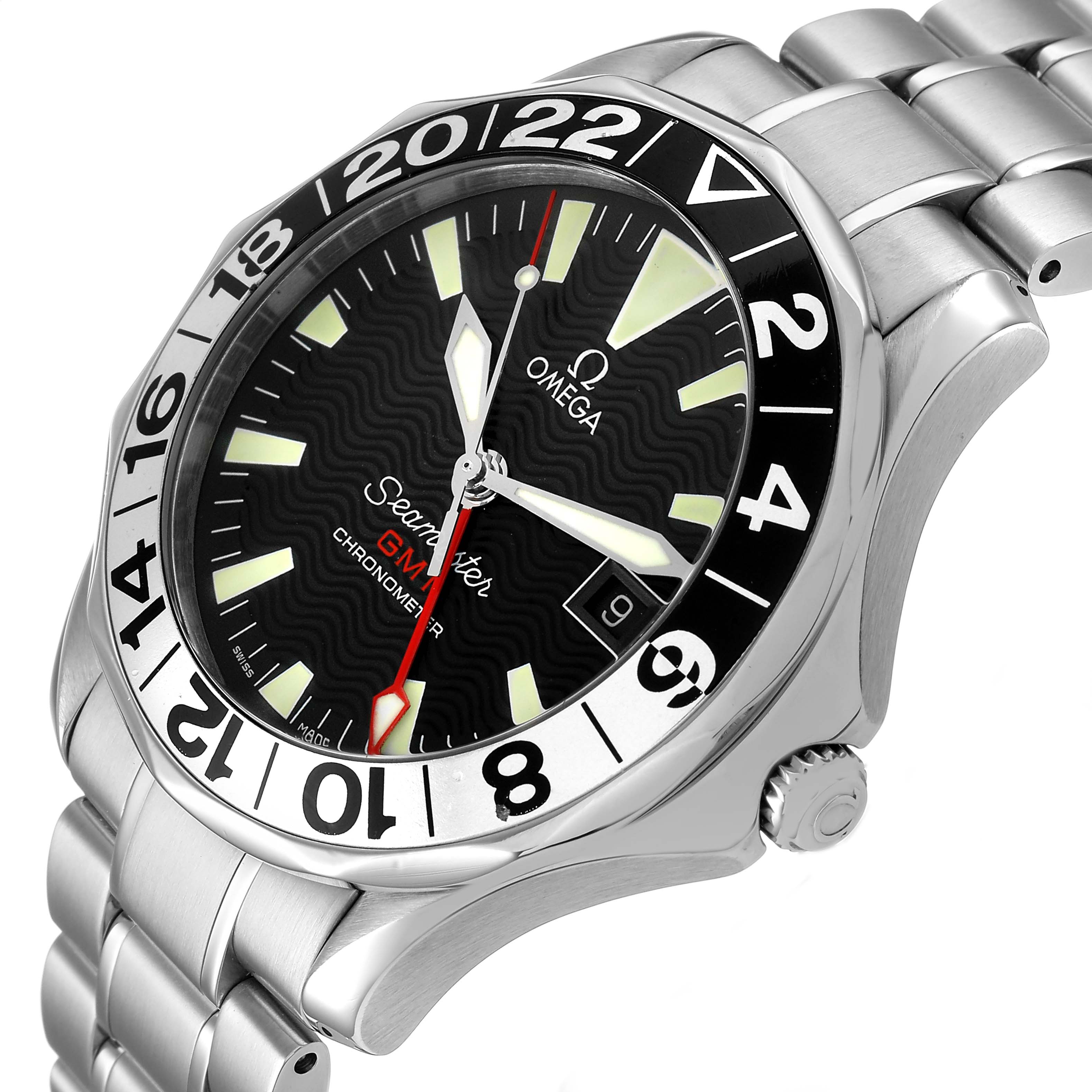 The Omega Seamaster 2534.50.00 Men's Stainless Steel Black Dial watch is shown at an angled view, displaying the dial, bezel, crown, and metal bracelet clearly.