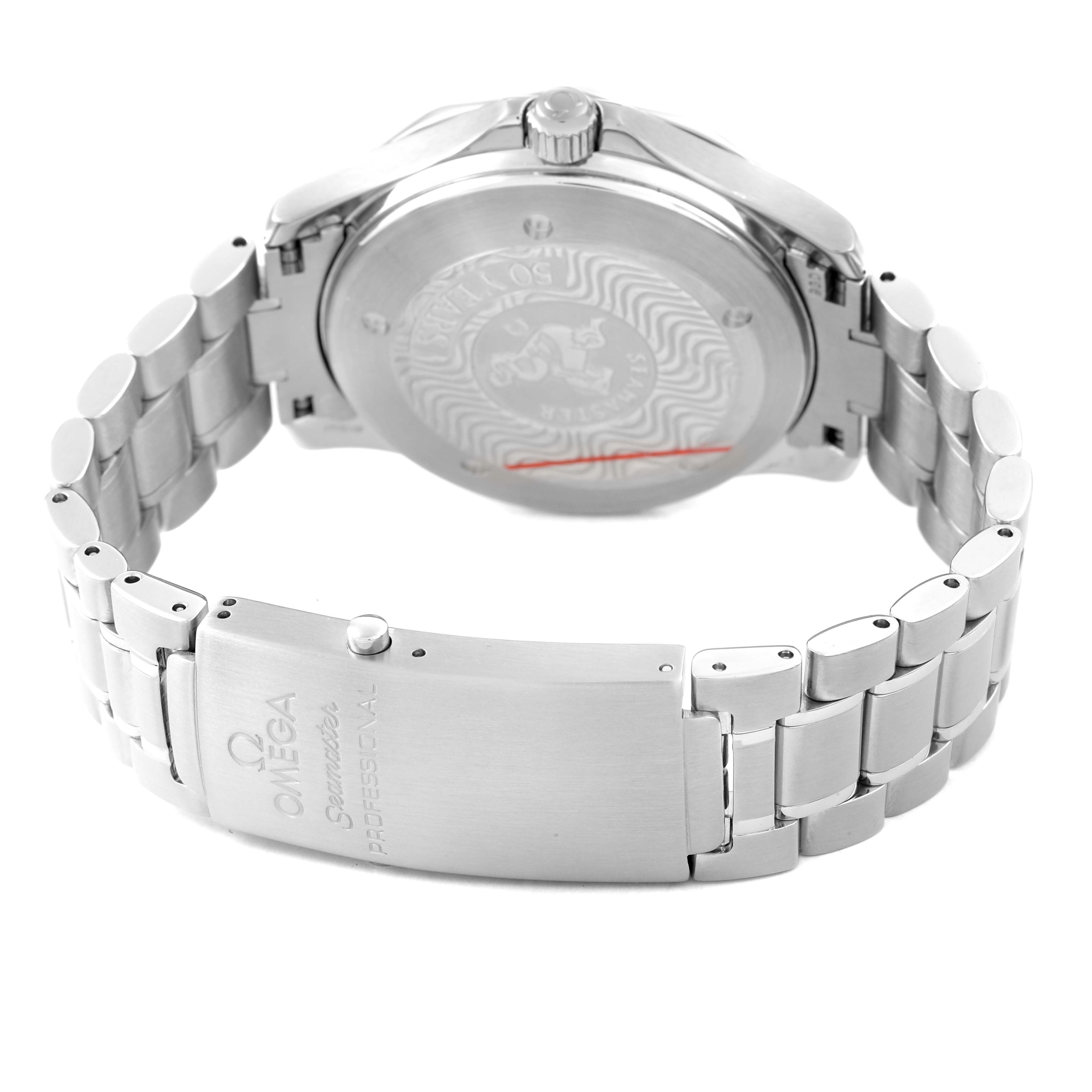 The image shows the back case and clasp of an Omega Seamaster 2534.50.00 Men's Stainless Steel Black Dial watch from a rear angle.