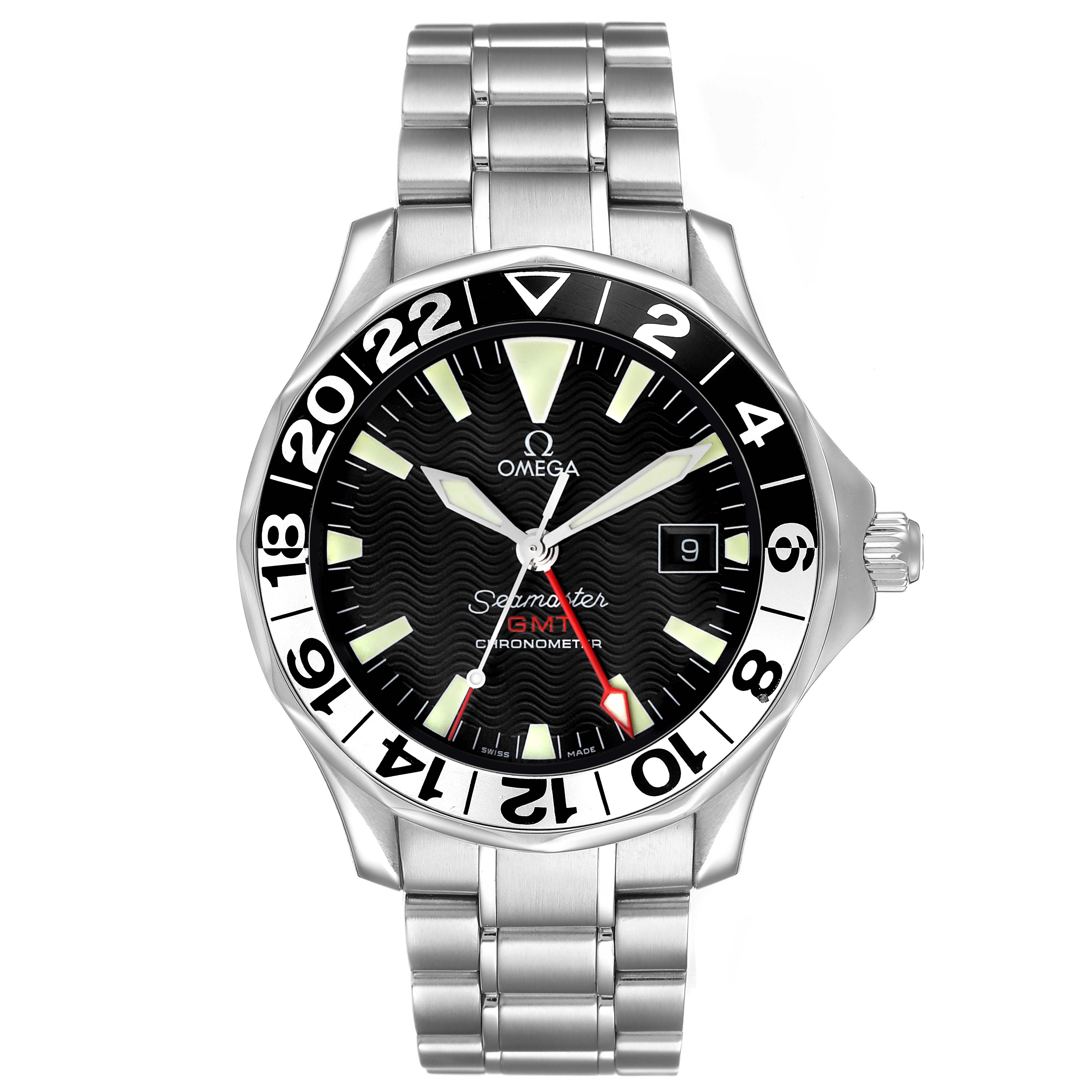 The image shows a front view of the Omega Seamaster 2534.50.00 Men's Stainless Steel Black Dial watch, displaying the dial, bezel, bracelet, and crown.