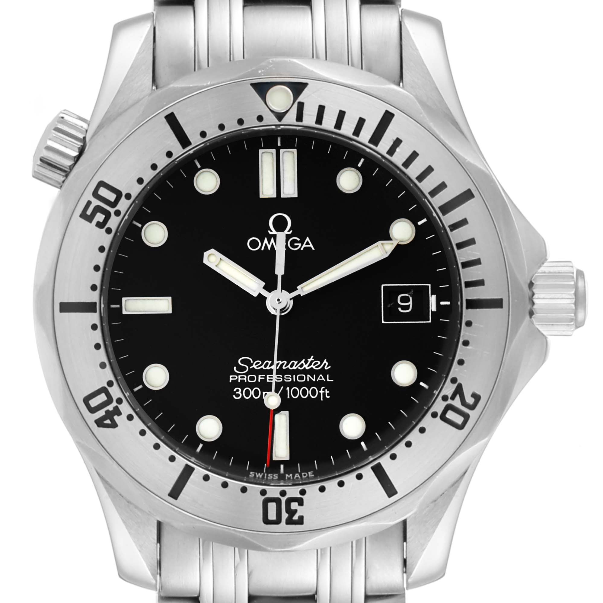 The image shows a frontal view of an Omega Seamaster 2260.50.00 Men's Stainless Steel Black Dial 2260.50.00 Men's Stainless Steel Black Dial watch, highlighting its dial, bezel, and bracelet.