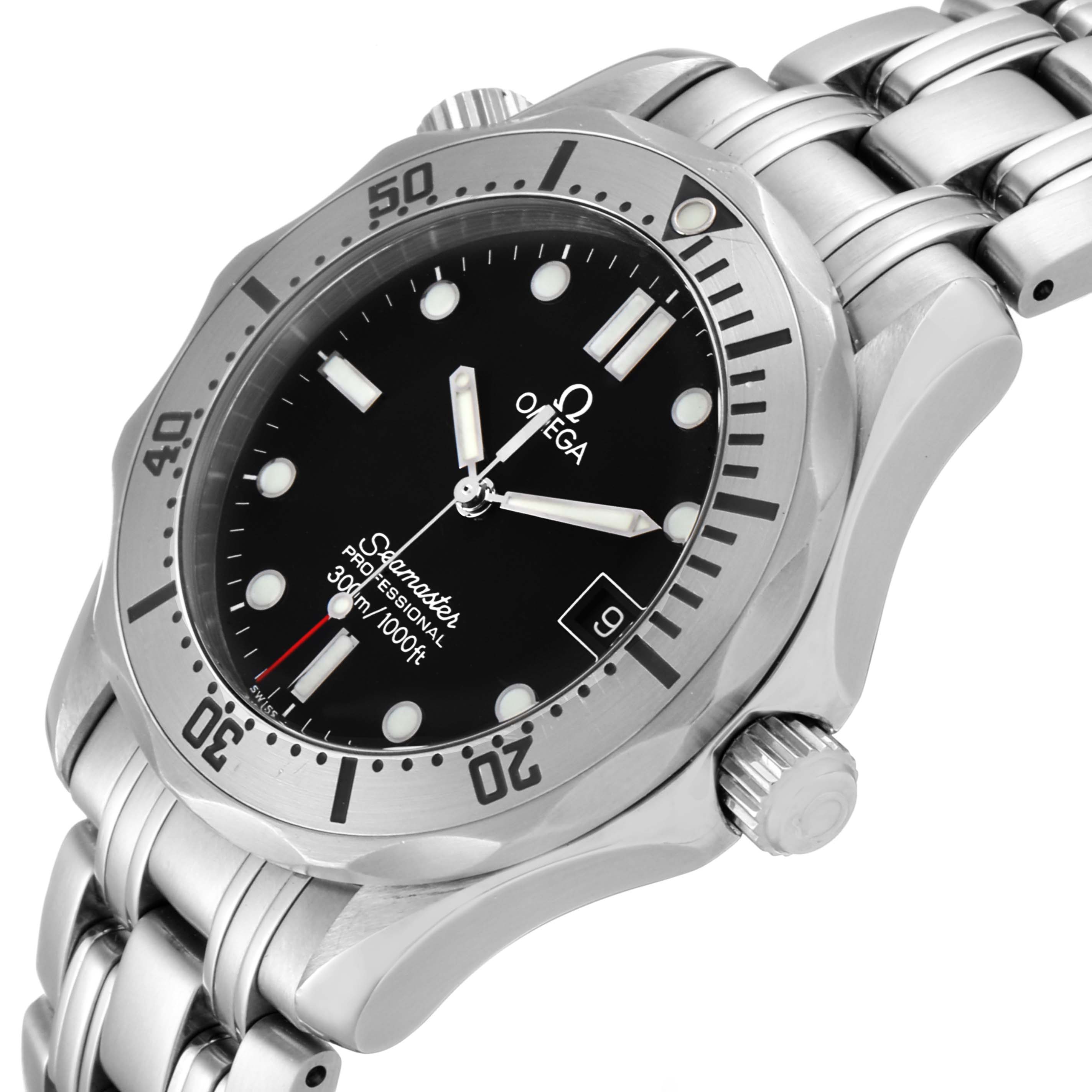 The image shows an Omega Seamaster 2260.50.00 Men's Stainless Steel Black Dial 2260.50.00 Men's Stainless Steel Black Dial watch angled to display the face, bezel, crown, and part of the stainless steel bracelet.