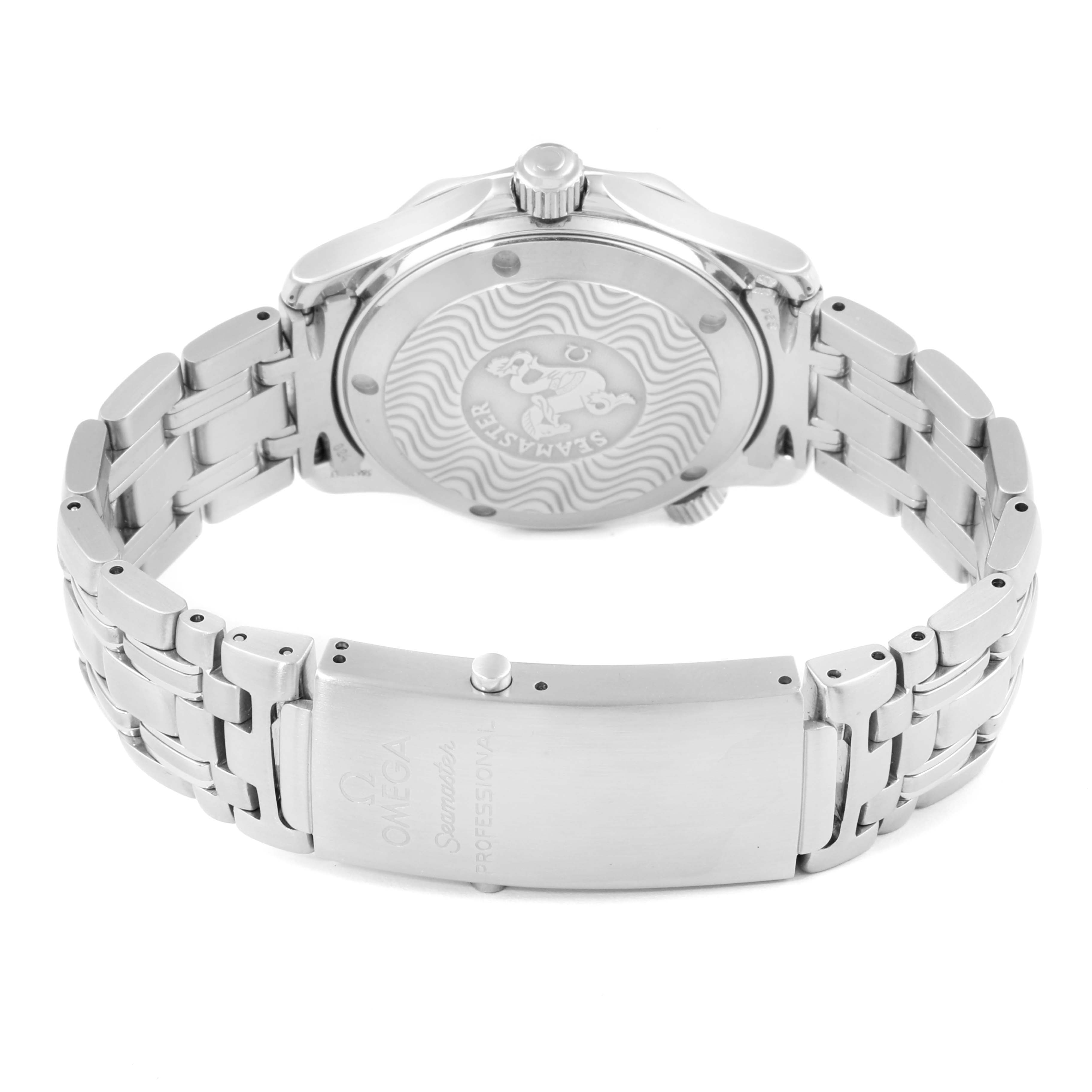 The image shows the rear casing and bracelet clasp of the Omega Seamaster 2260.50.00 Men's Stainless Steel Black Dial 2260.50.00 Men's Stainless Steel Black Dial watch, highlighting the engraved back and metal links.