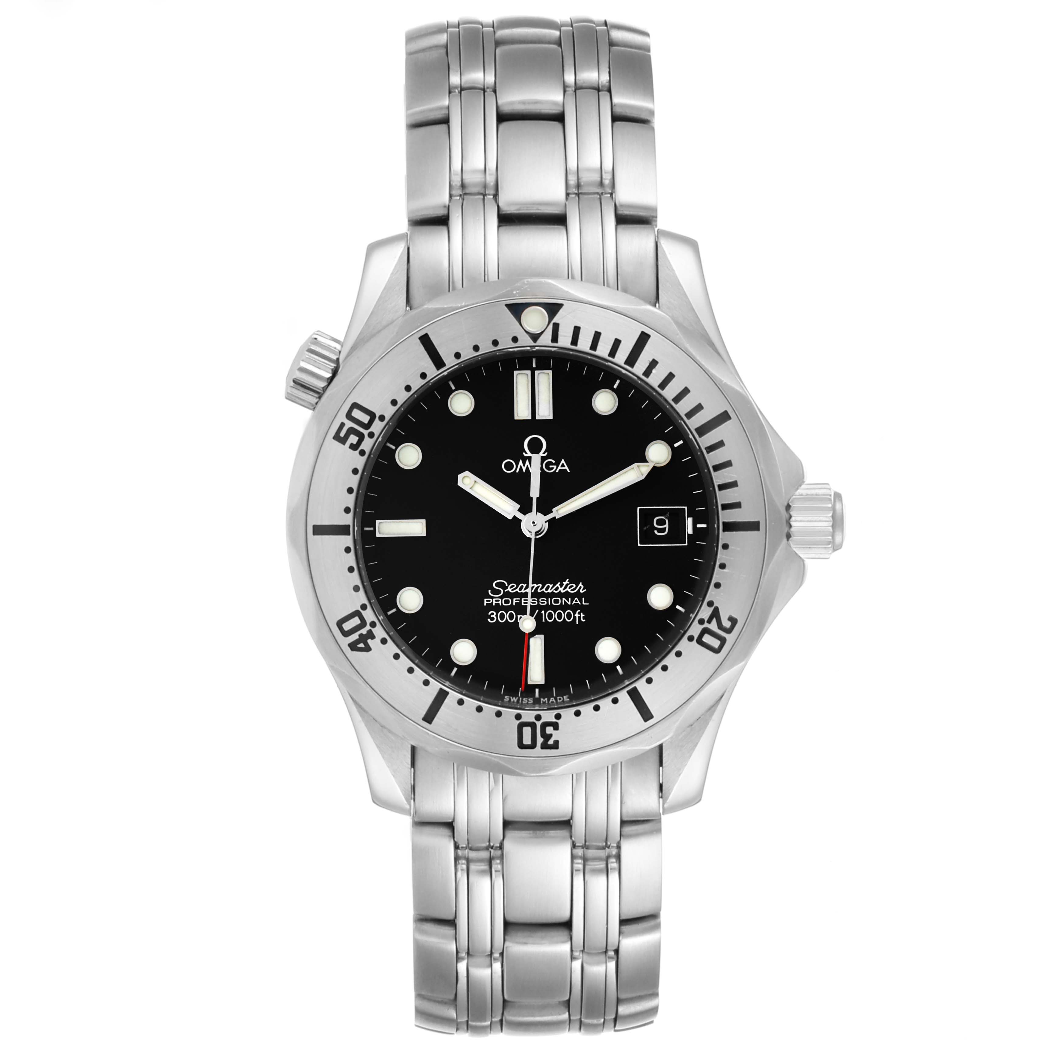 The image shows a front view of the Omega Seamaster 2260.50.00 Men's Stainless Steel Black Dial 2260.50.00 Men's Stainless Steel Black Dial watch, featuring its dial, bezel, and stainless steel bracelet.