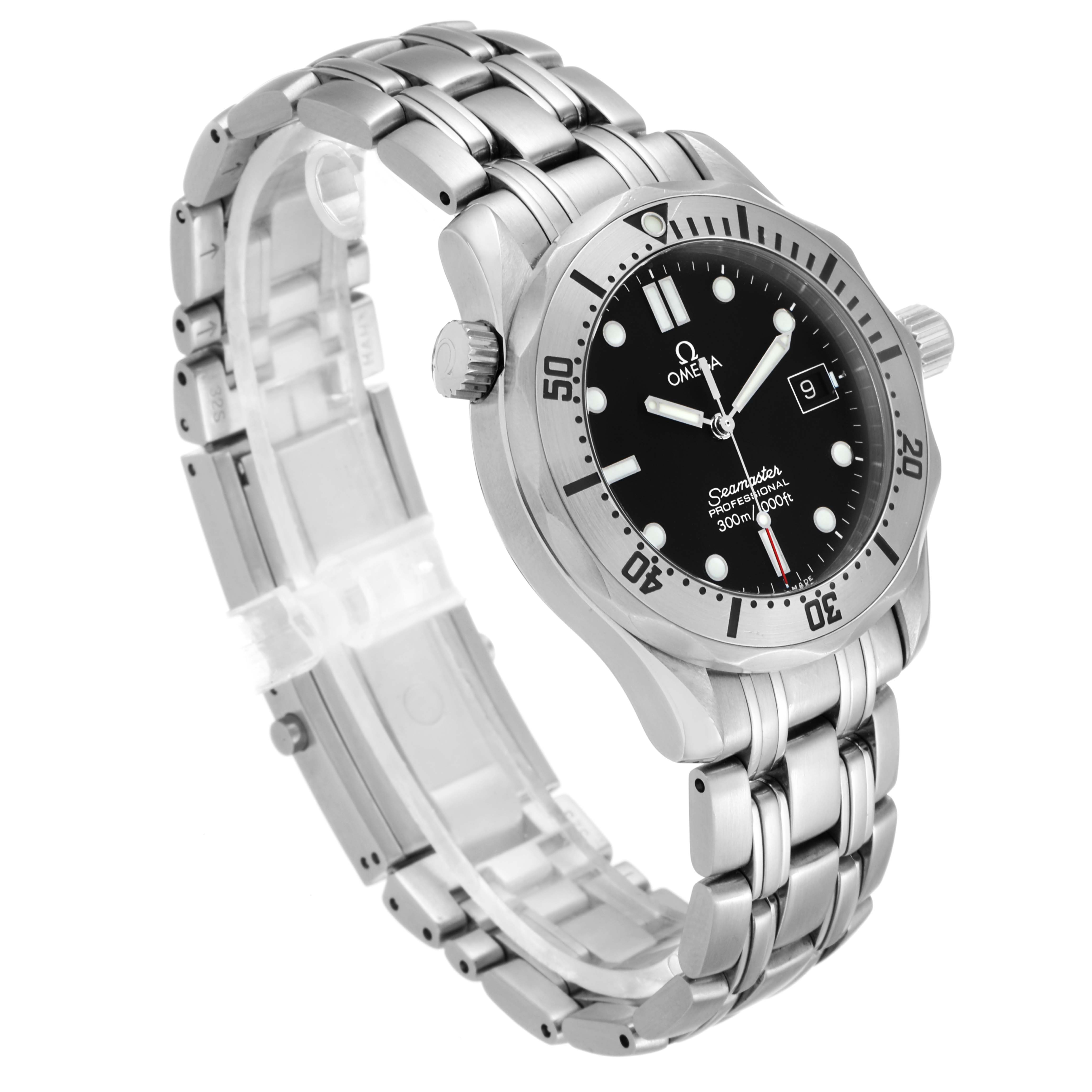 The image shows an angled view of an Omega Seamaster 2260.50.00 Men's Stainless Steel Black Dial 2260.50.00 Men's Stainless Steel Black Dial watch, displaying the bezel, crown, dial, and metal bracelet.