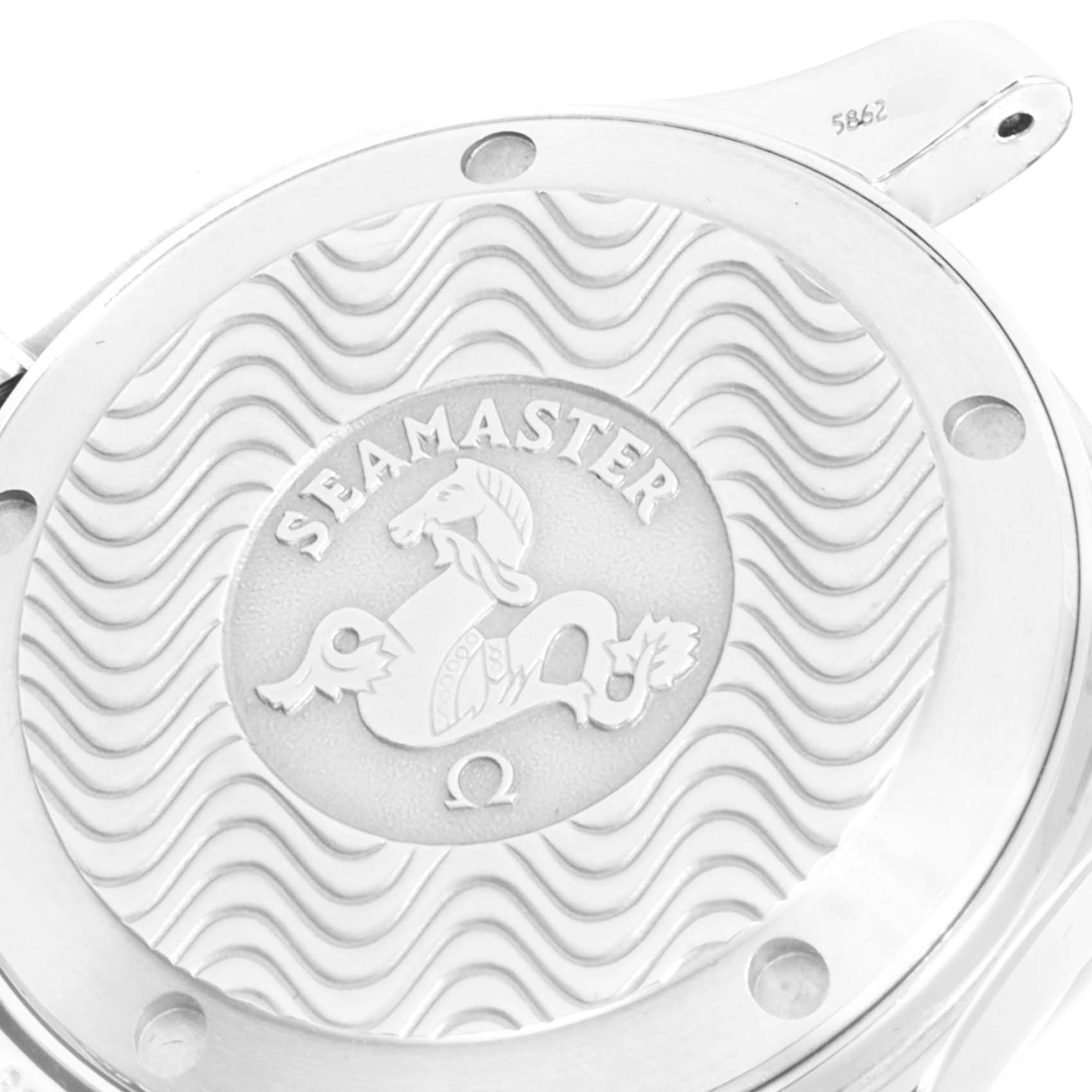 This image shows the rear case of an Omega Seamaster 2260.50.00 Men's Stainless Steel Black Dial 2260.50.00 Men's Stainless Steel Black Dial watch, featuring the engraved design and logo.