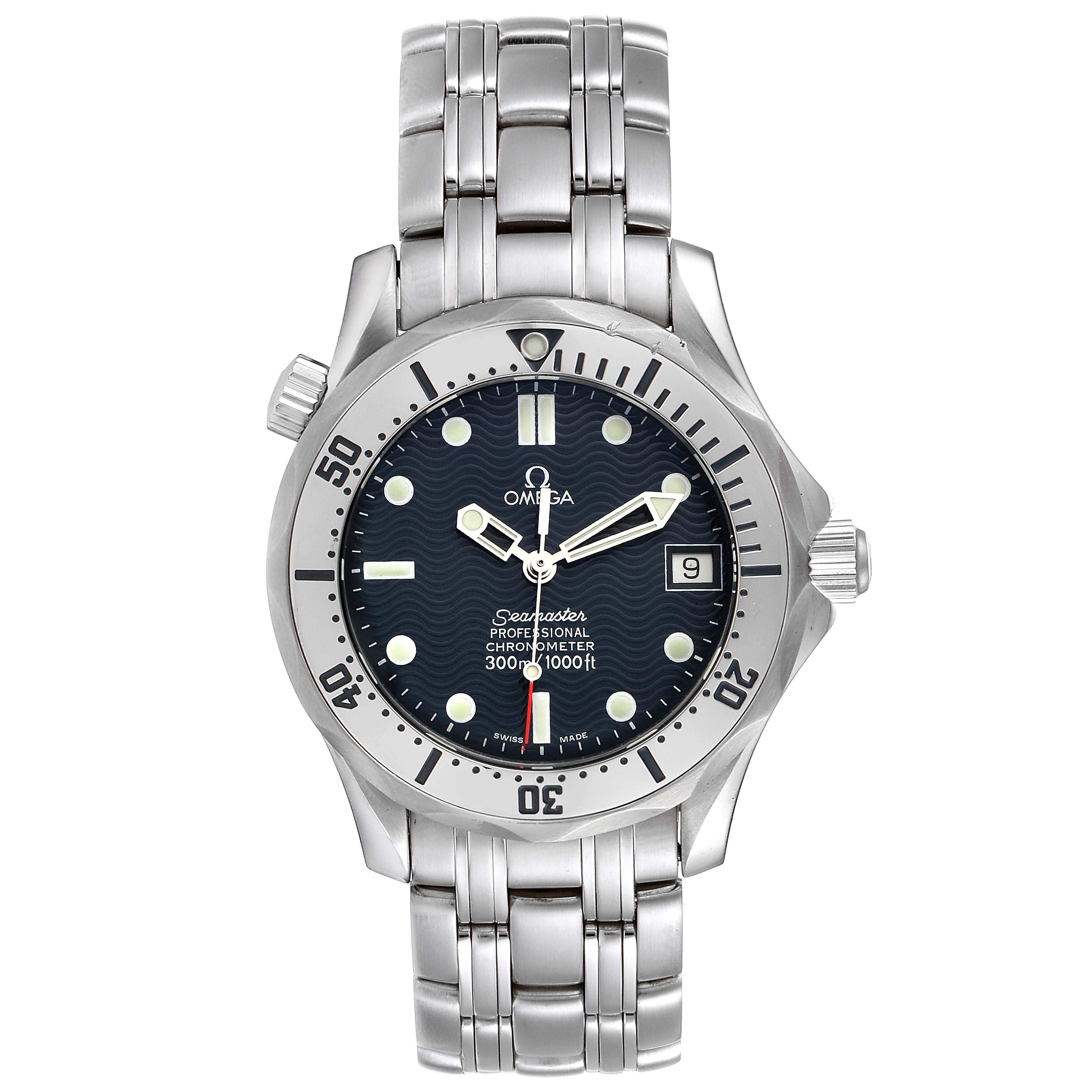 The image shows a front view of the Omega Seamaster 2552.80.00 Men
s Stainless Steel Blue Dial 2552.80.00 Men
s Stainless Steel Blue Dial watch, displaying the dial, bezel, hands, and bracelet.