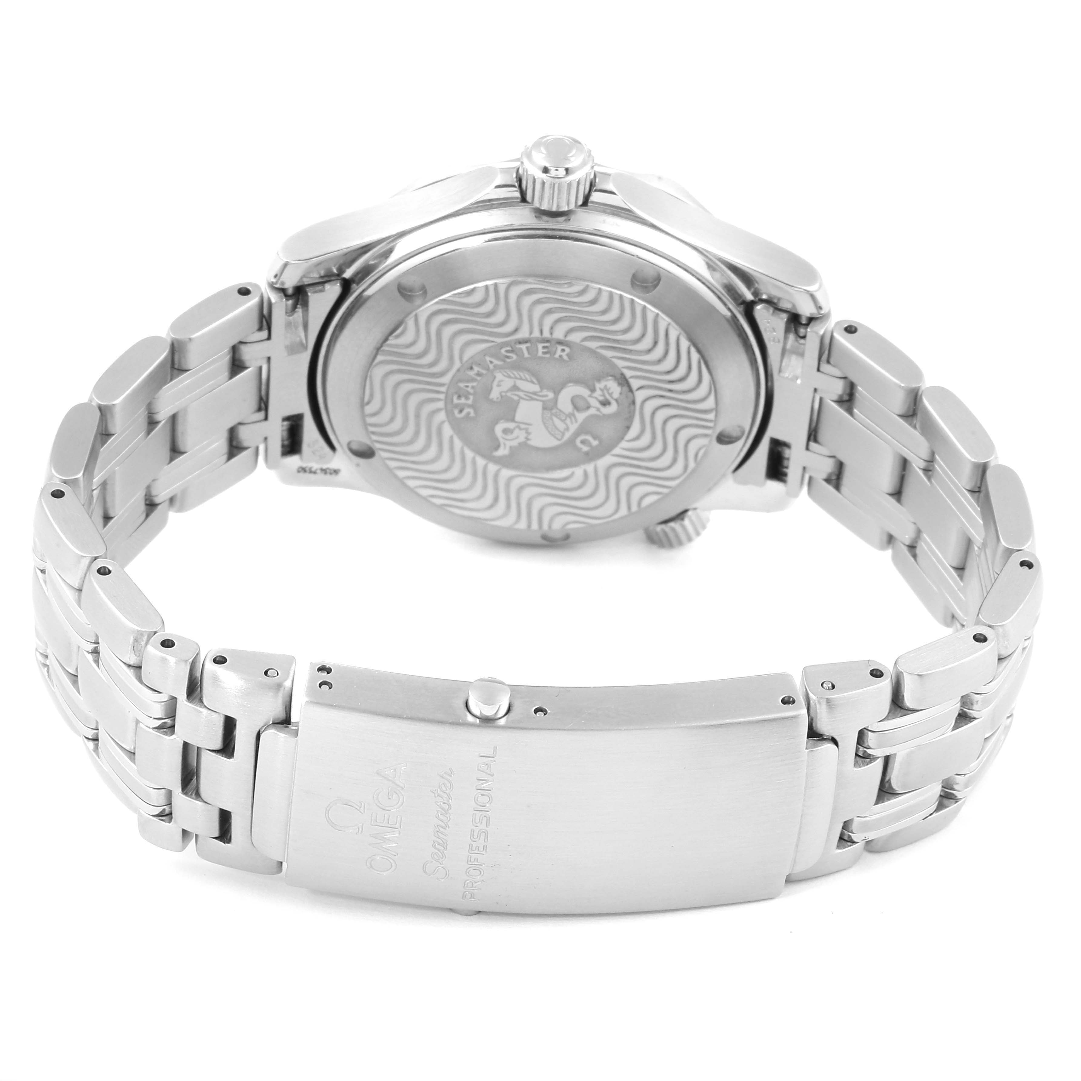 The image shows the back side of an Omega Seamaster 2552.80.00 Men
s Stainless Steel Blue Dial 2552.80.00 Men
s Stainless Steel Blue Dial watch, including its case back and stainless steel bracelet.