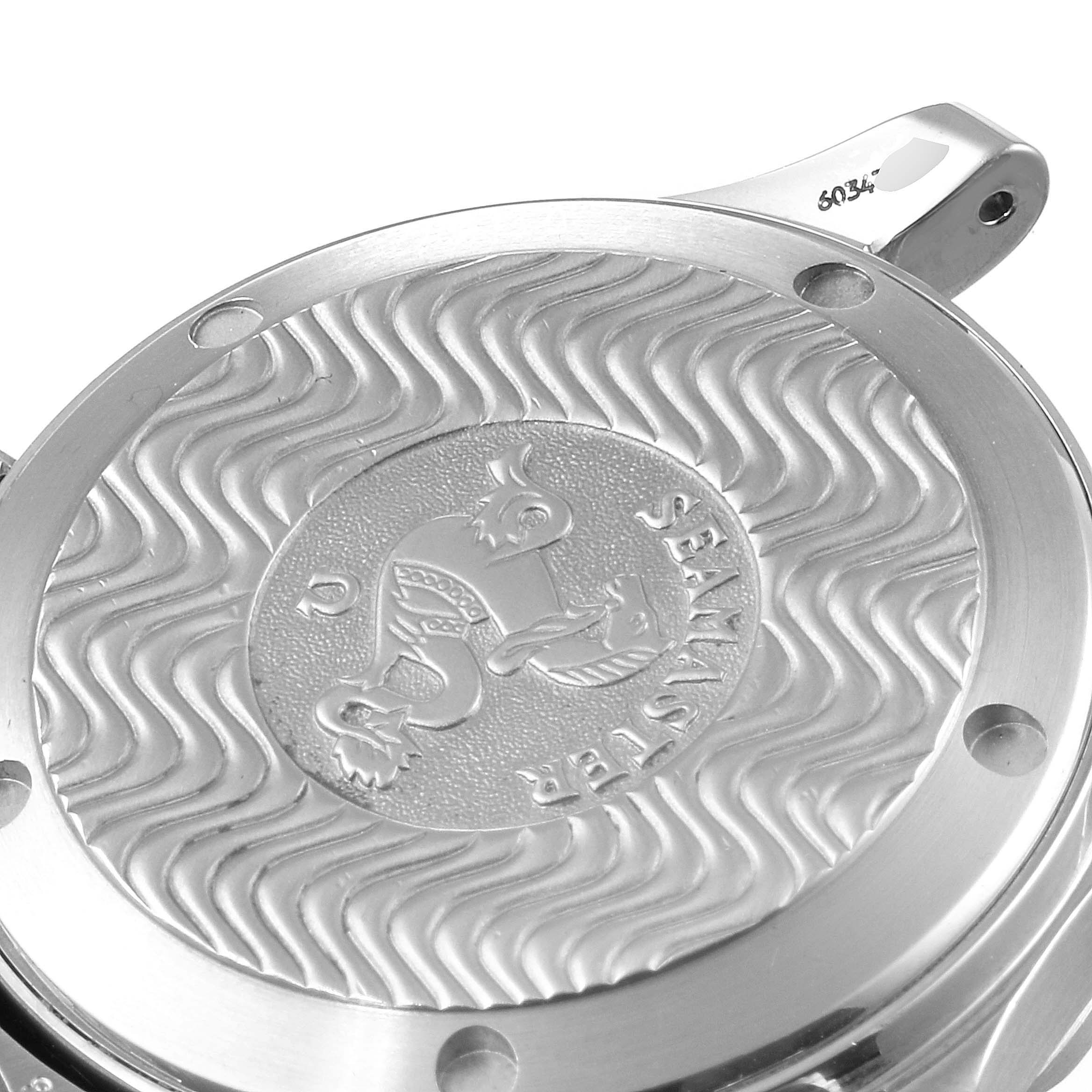 This image shows the case back of the Omega Seamaster 2552.80.00 Men
s Stainless Steel Blue Dial 2552.80.00 Men
s Stainless Steel Blue Dial watch, featuring engraved waves and the Omega logo.