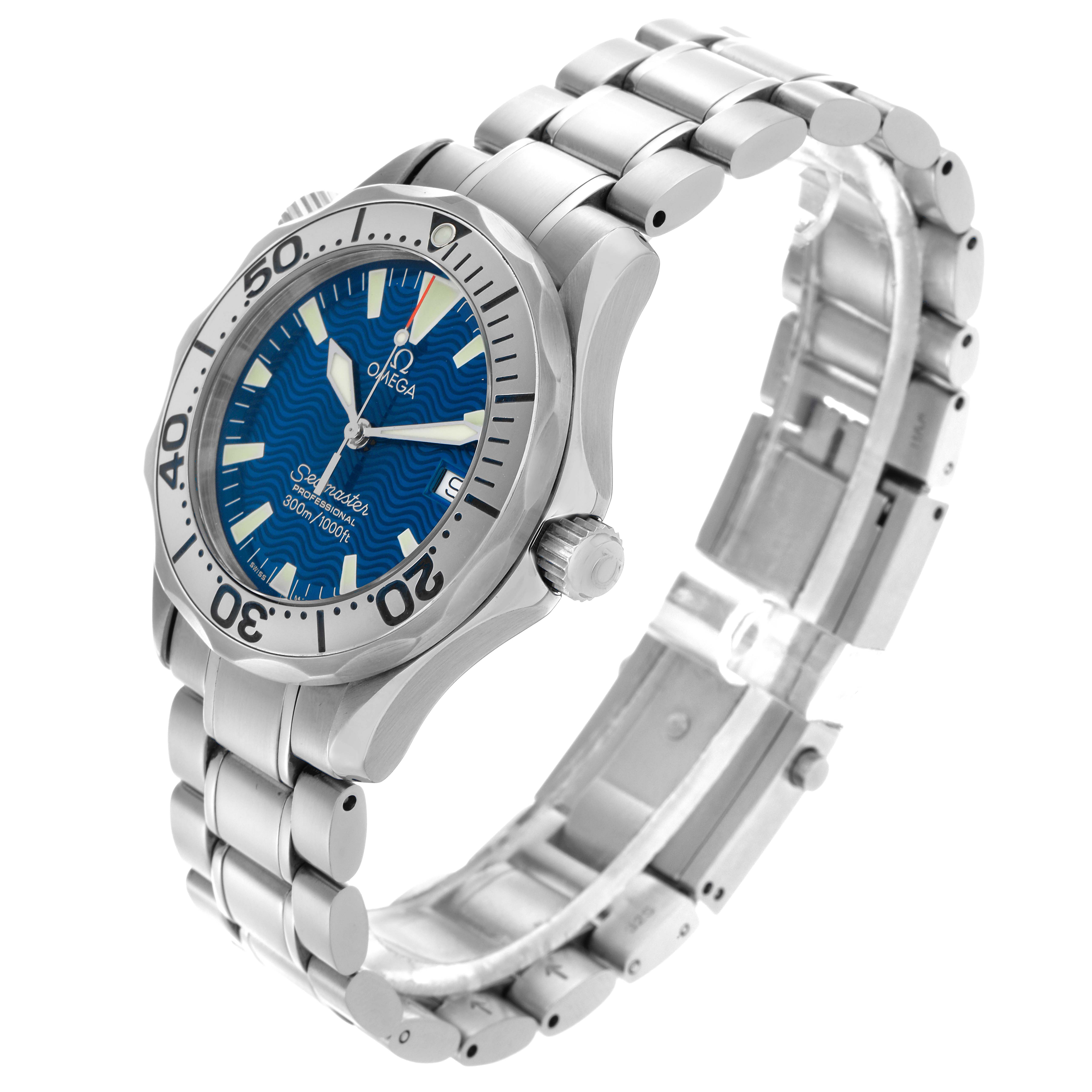 The Omega Seamaster 2263.80.00 Men
s Stainless Steel Blue Dial 2263.80.00 Men
s Stainless Steel Blue Dial watch is shown at a three-quarter angle, displaying its face, bezel, crown, bracelet, and clasp.
