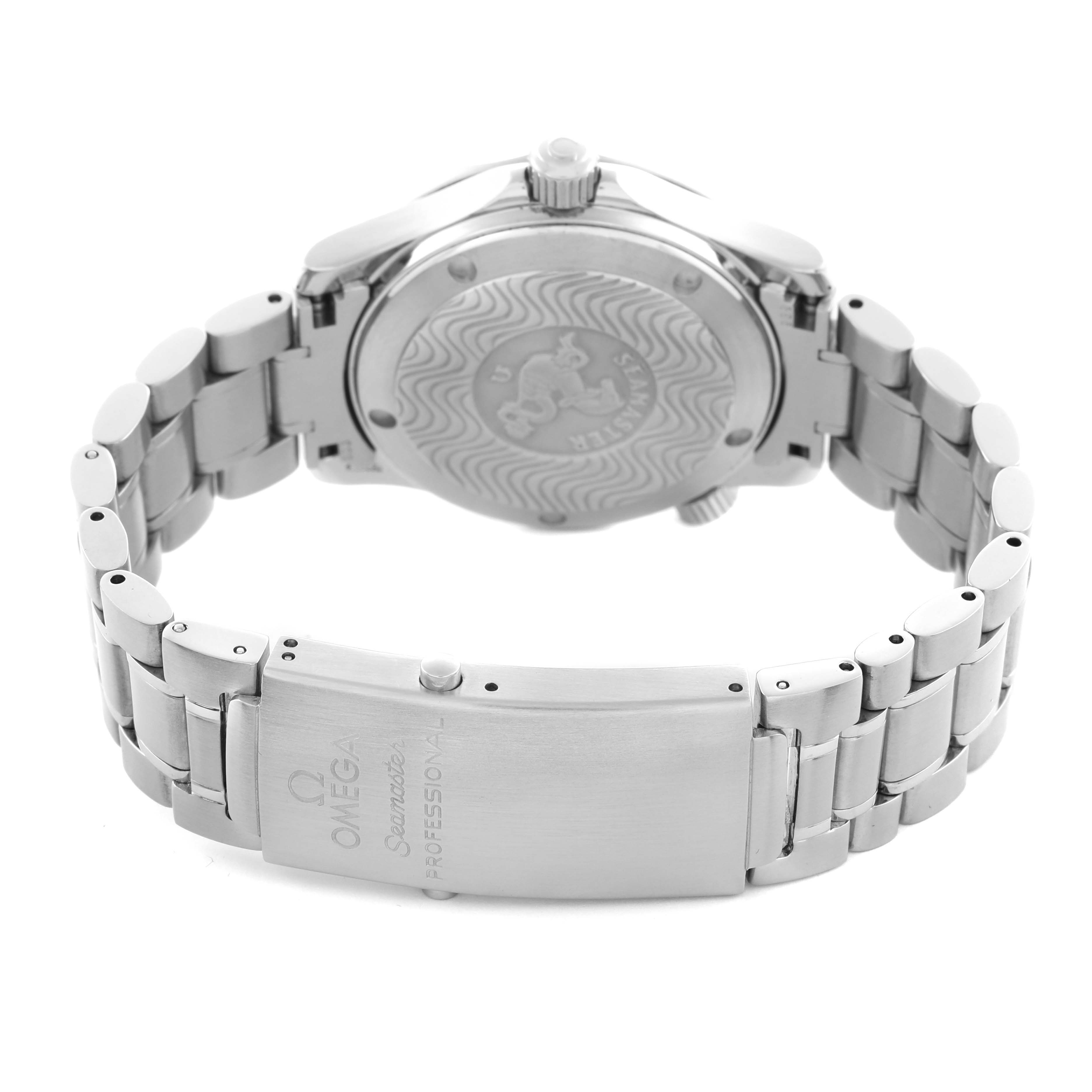 The image shows the back view of an Omega Seamaster 2263.80.00 Men
s Stainless Steel Blue Dial 2263.80.00 Men
s Stainless Steel Blue Dial watch, focusing on the clasp and case back.