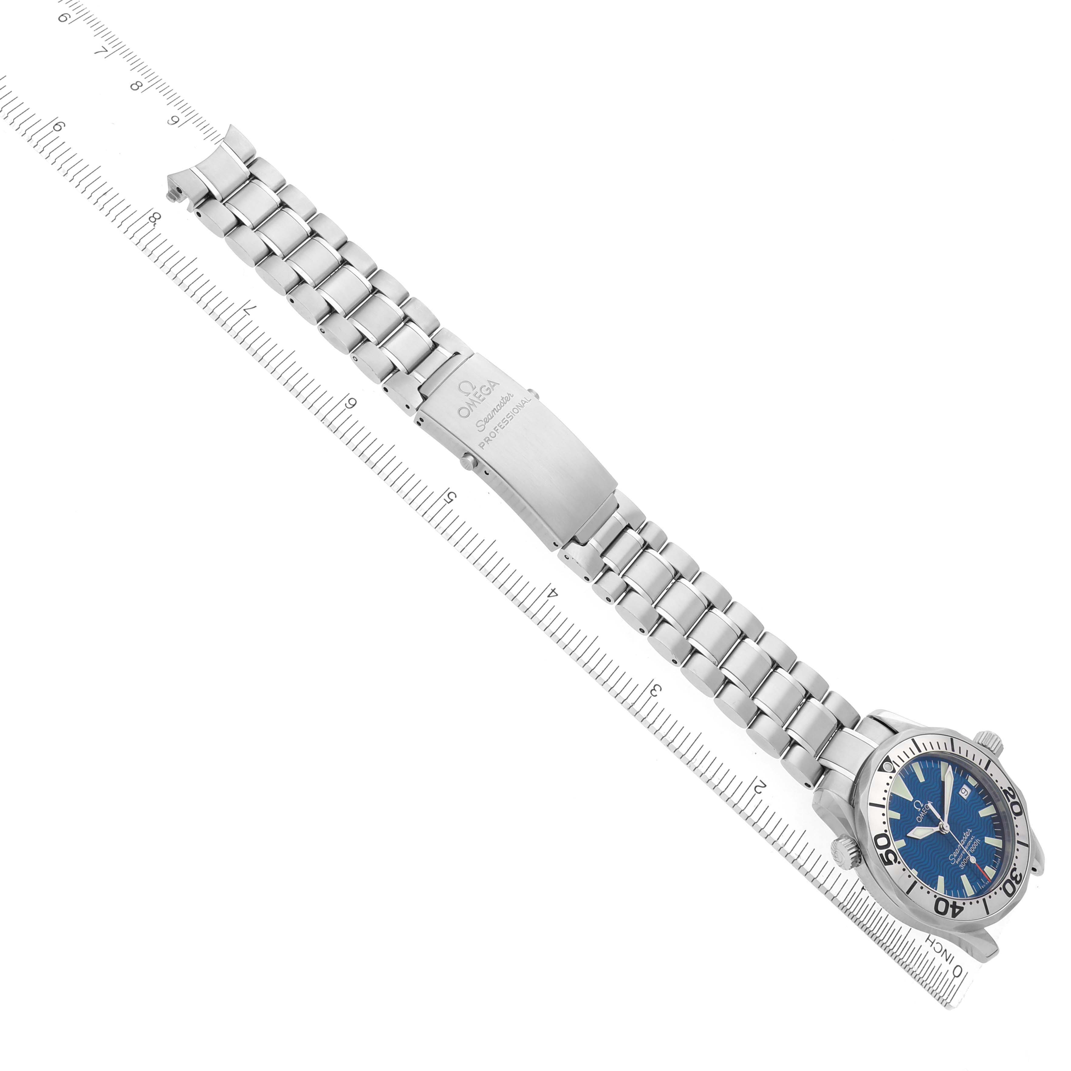 The Omega Seamaster 2263.80.00 Men
s Stainless Steel Blue Dial 2263.80.00 Men
s Stainless Steel Blue Dial watch is shown from a top-down angle, displaying its face, bezel, bracelet, and clasp.