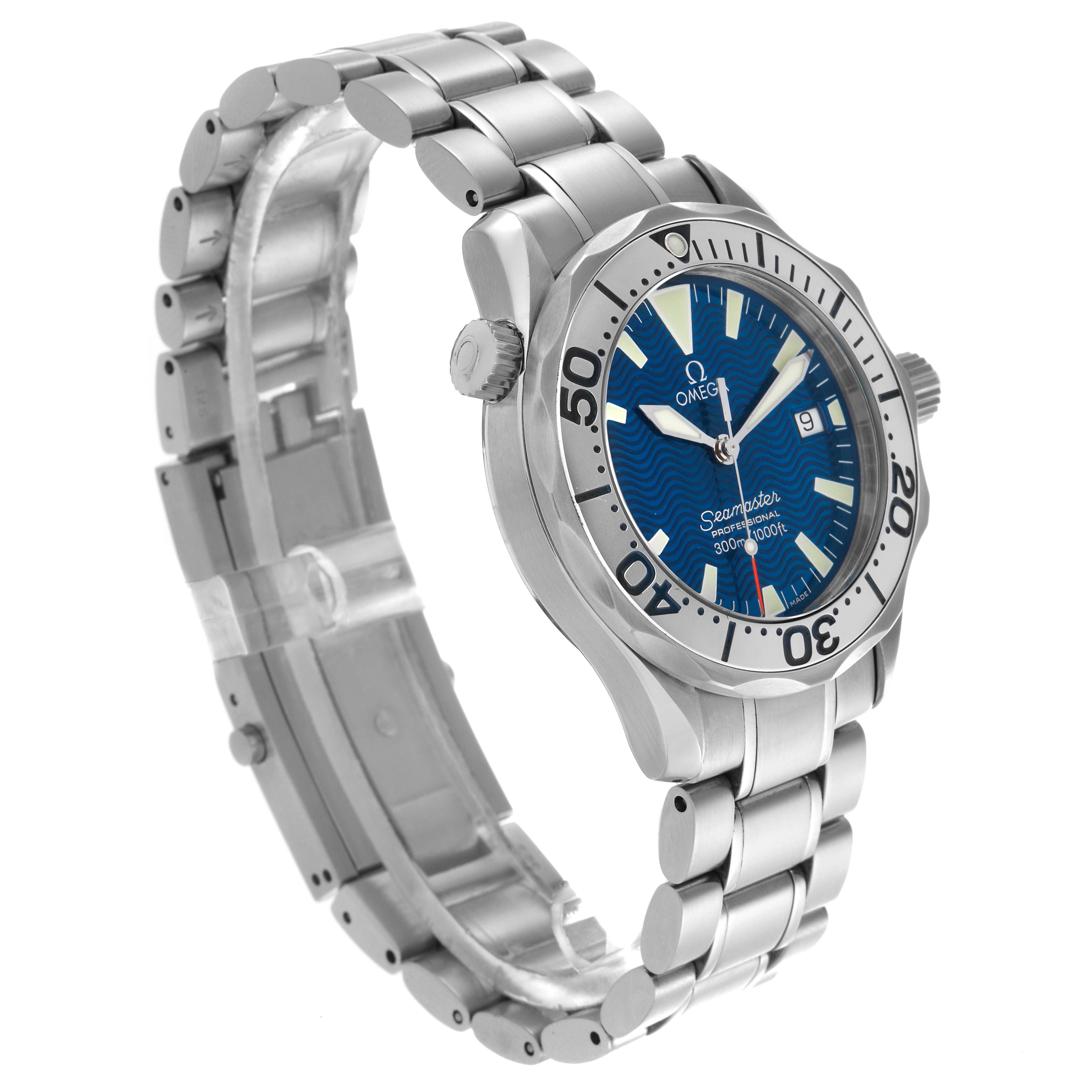 The Omega Seamaster 2263.80.00 Men
s Stainless Steel Blue Dial 2263.80.00 Men
s Stainless Steel Blue Dial watch is shown at a three-quarter angle, displaying the dial, bezel, crown, and stainless steel bracelet.
