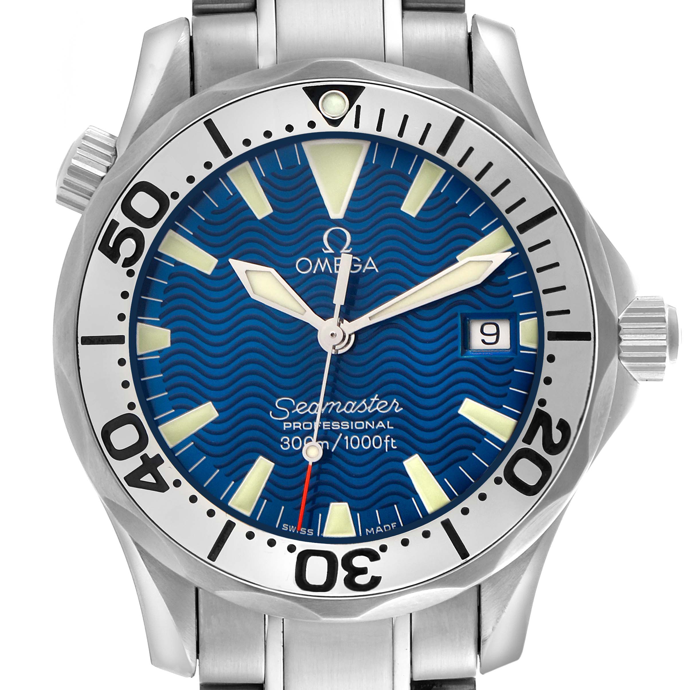 The Omega Seamaster 2263.80.00 Men
s Stainless Steel Blue Dial 2263.80.00 Men
s Stainless Steel Blue Dial is shown from the front, highlighting its blue dial, bezel, and date window.