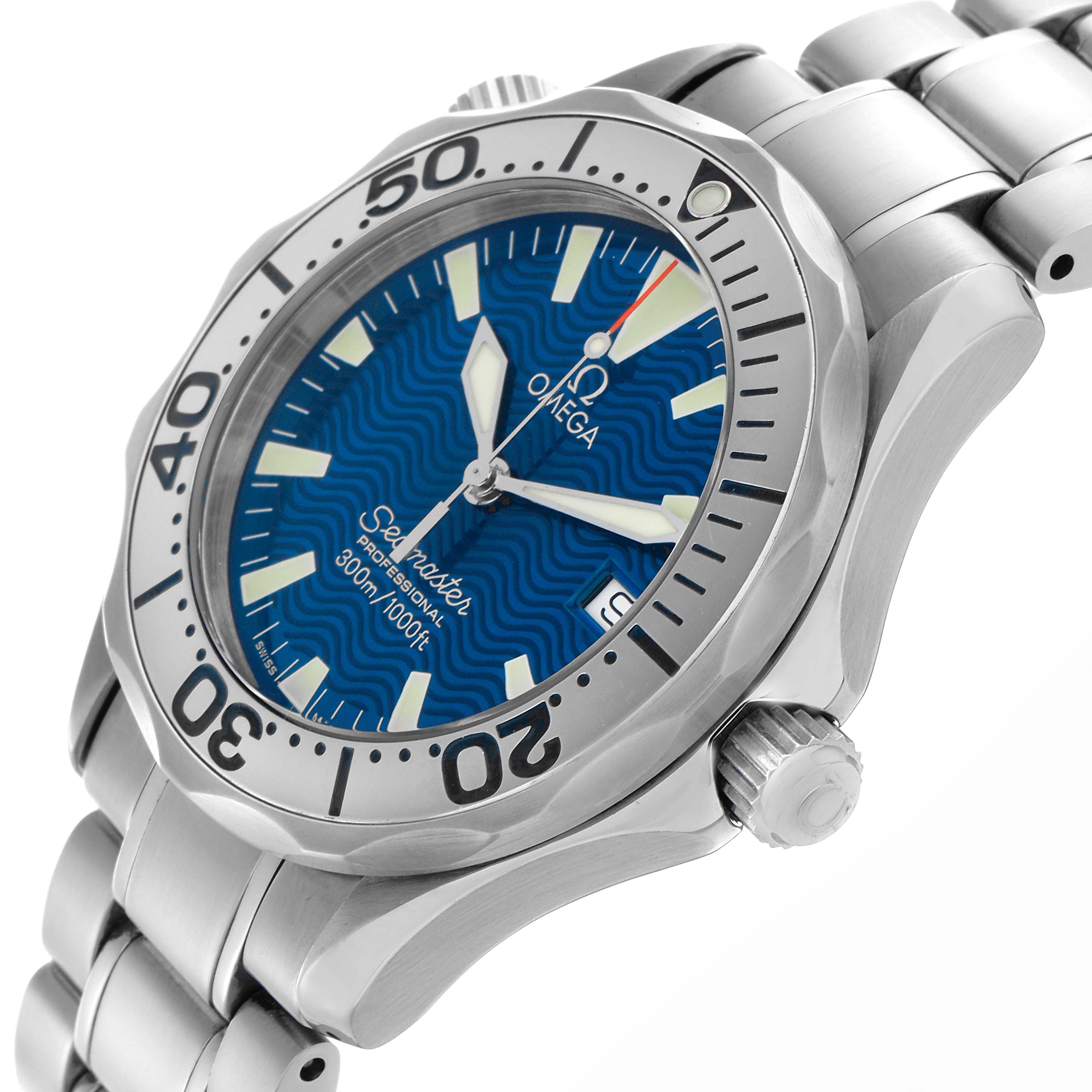 The Omega Seamaster 2263.80.00 Men
s Stainless Steel Blue Dial 2263.80.00 Men
s Stainless Steel Blue Dial watch is shown at an angled side view, highlighting the blue dial, bezel, bracelet, and crown.