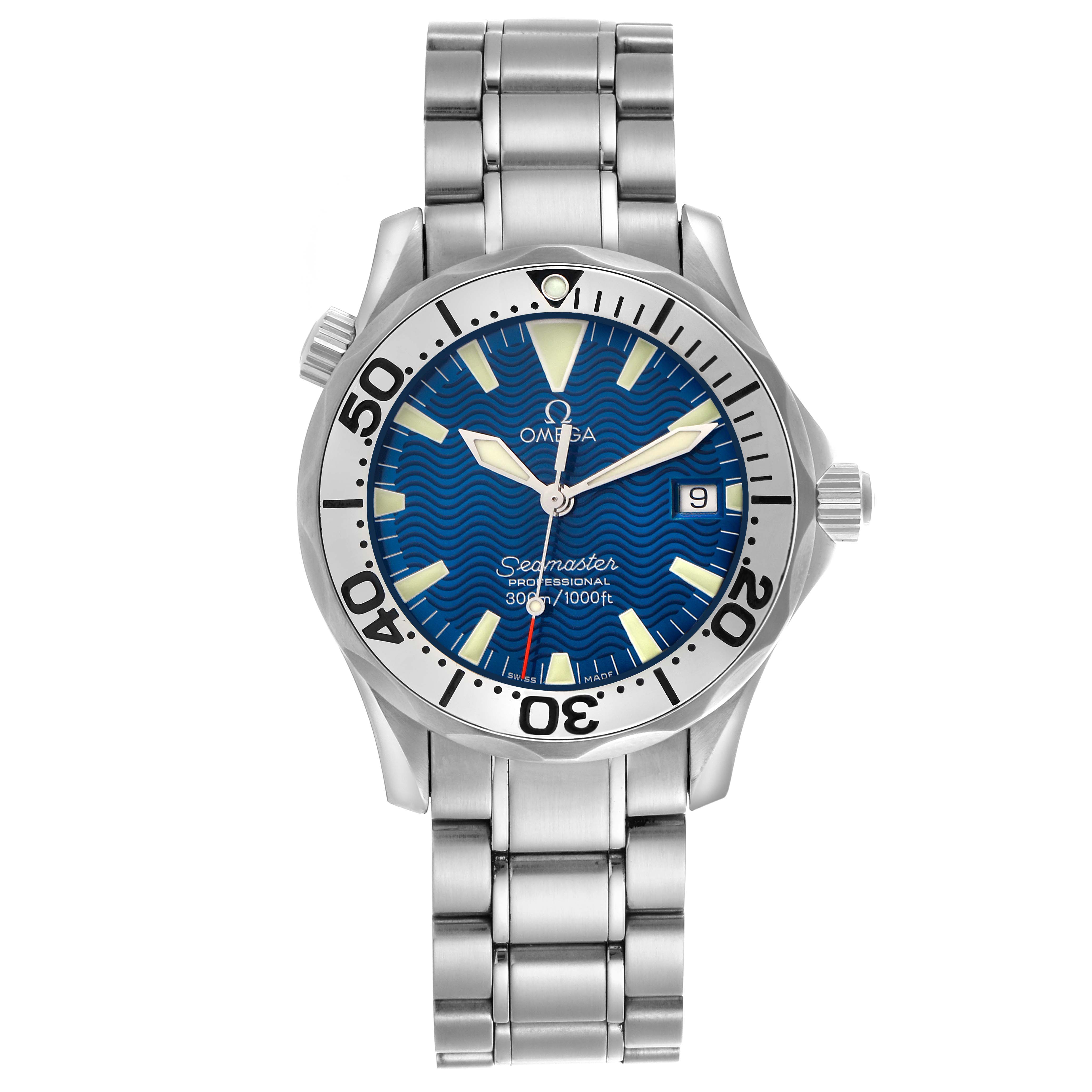 The Omega Seamaster 2263.80.00 Men
s Stainless Steel Blue Dial 2263.80.00 Men
s Stainless Steel Blue Dial watch is shown from a front angle, displaying its dial, bezel, bracelet, and crown.