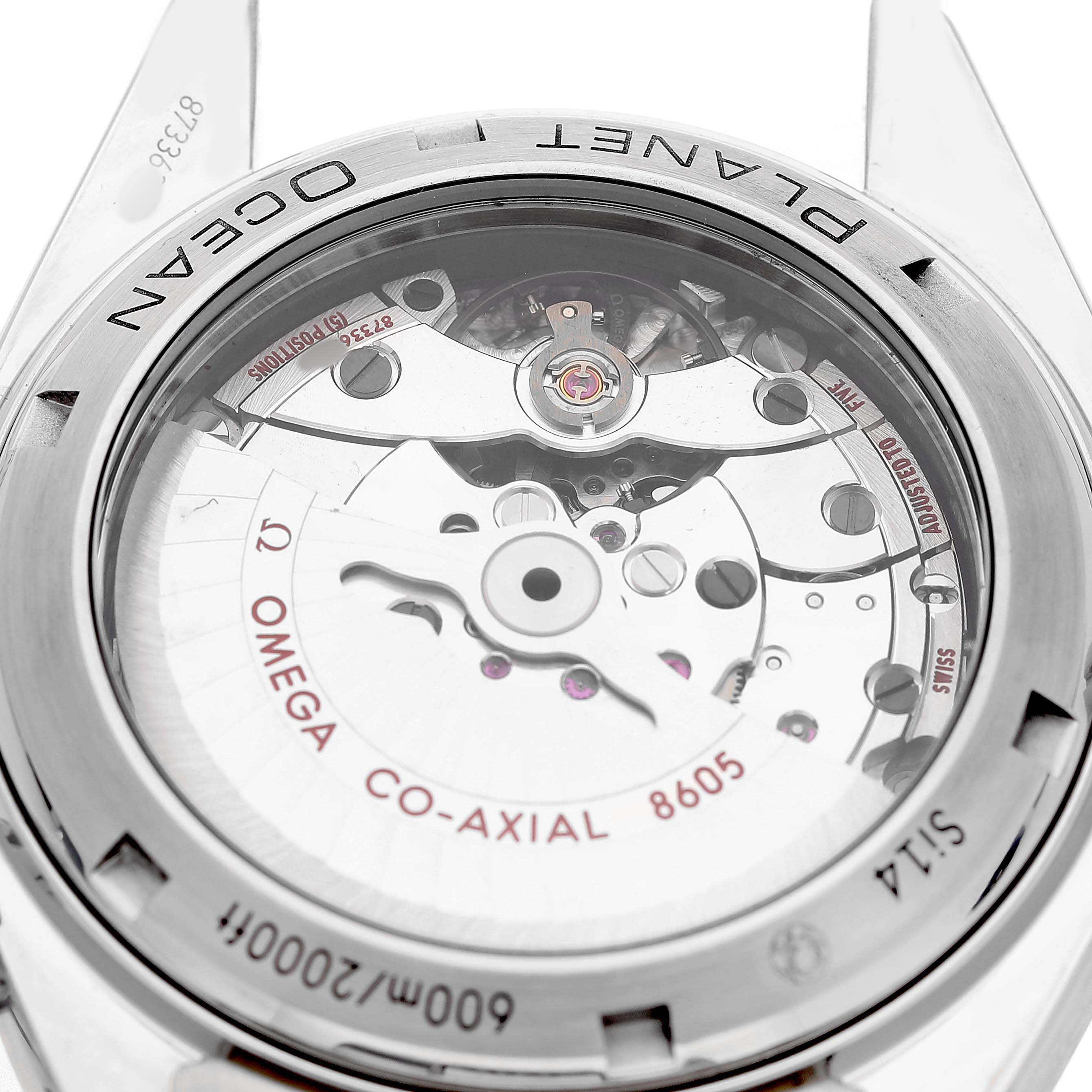 The image shows the back view of the Omega Planet Ocean 232.30.44.22.01.002 Men's Stainless Steel Black Dial watch, revealing its co-axial movement and mechanism details.