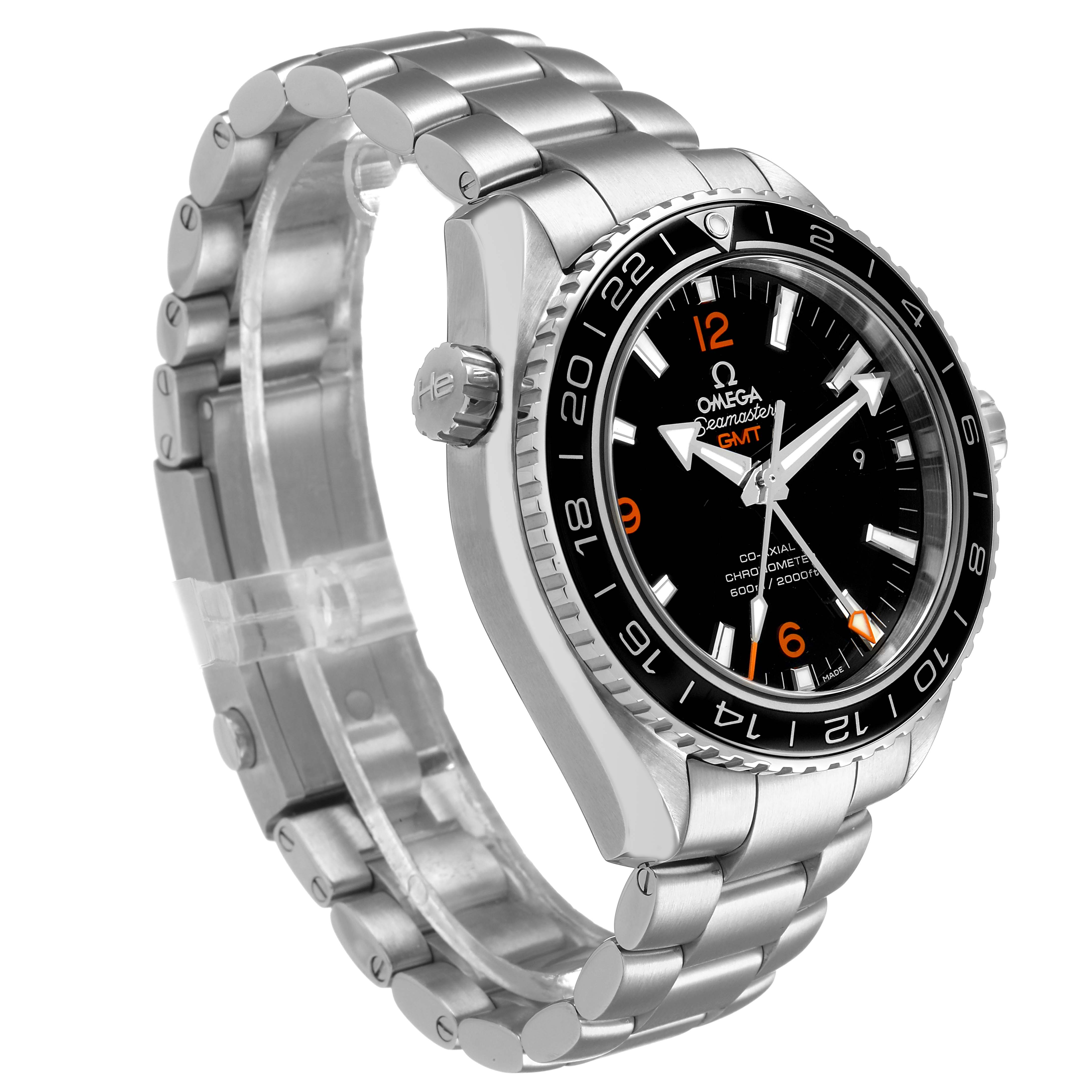 The Omega Planet Ocean 232.30.44.22.01.002 Men's Stainless Steel Black Dial watch is shown at a three-quarter angle, displaying the face, bezel, crown, and metal bracelet.
