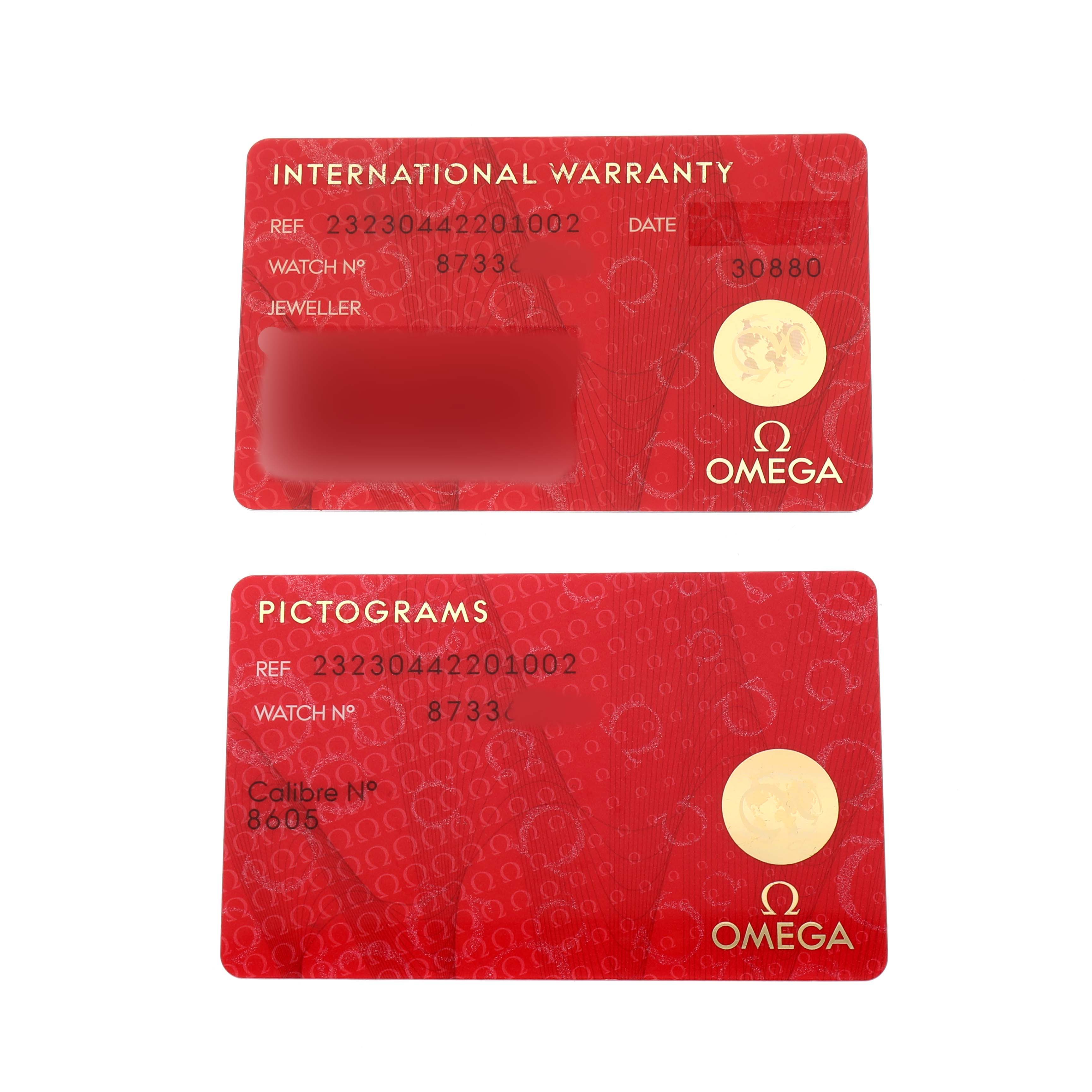 The image shows the Omega Planet Ocean 232.30.44.22.01.002 Men's Stainless Steel Black Dial model's international warranty and pictogram cards.