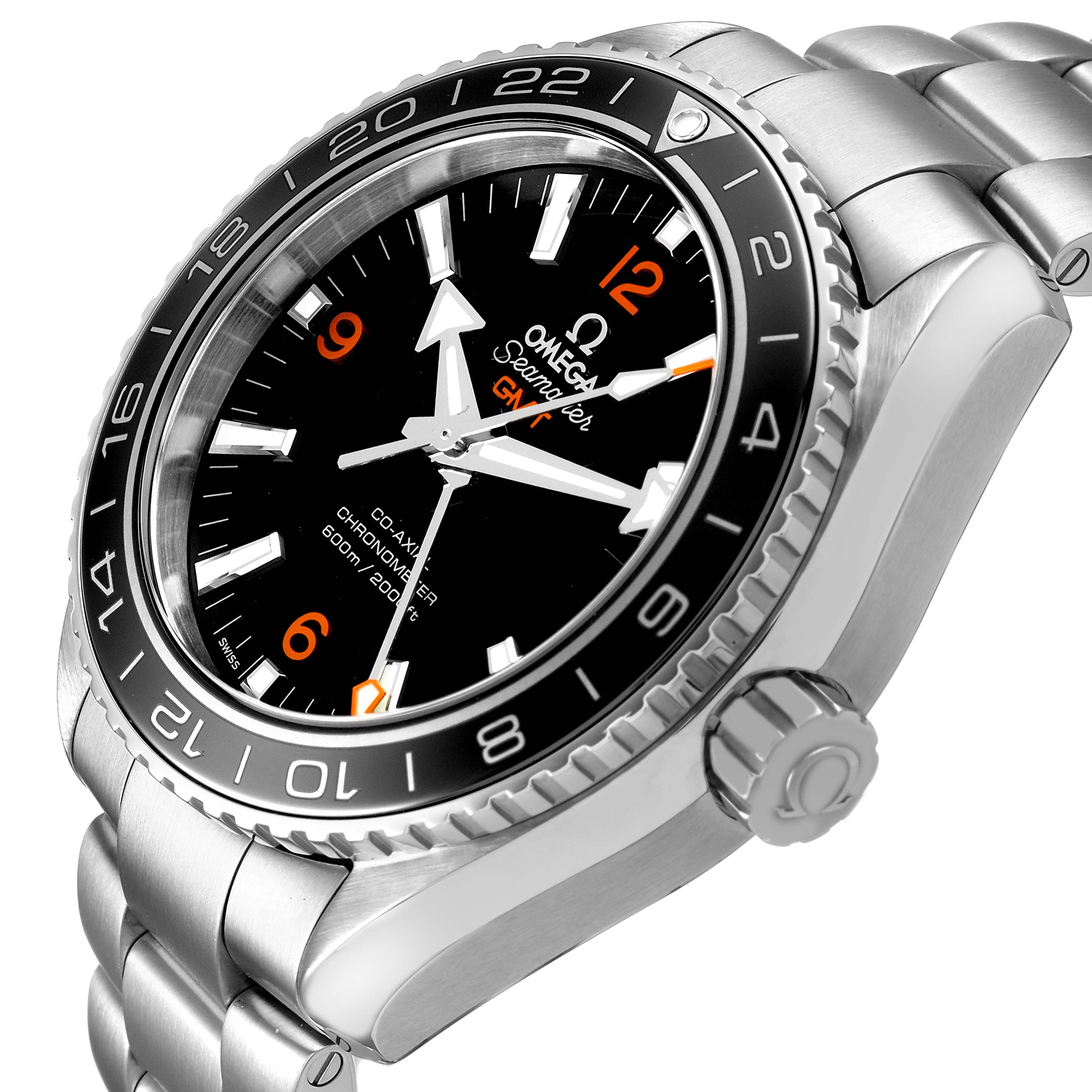 The Omega Planet Ocean 232.30.44.22.01.002 Men's Stainless Steel Black Dial watch is shown from an angled side view, highlighting the face, bezel, and bracelet.