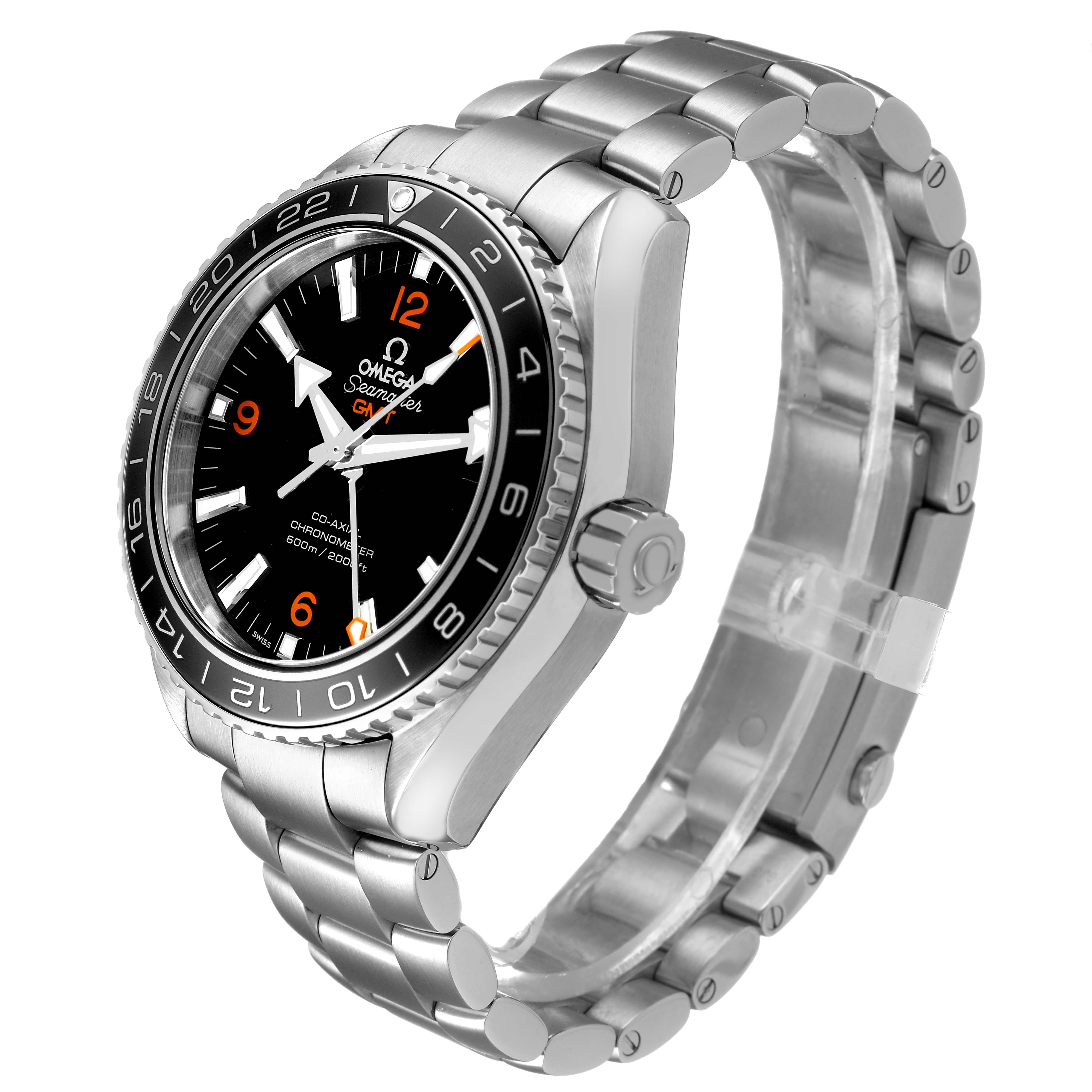 The Omega Planet Ocean 232.30.44.22.01.002 Men's Stainless Steel Black Dial watch is shown at a three-quarter angle, highlighting the face, bezel, crown, and metal bracelet.
