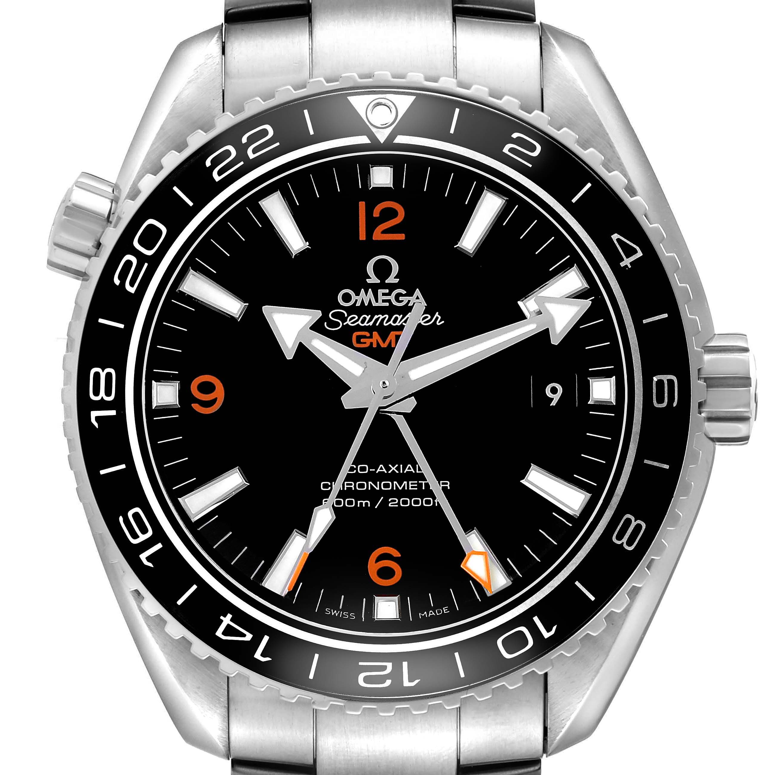 The Omega Planet Ocean 232.30.44.22.01.002 Men's Stainless Steel Black Dial watch is shown from the front, highlighting the bezel, dial, hands, and bracelet links.